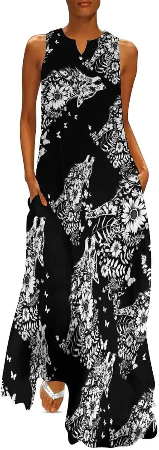 Wolf And Butterflies Women's Maxi Dress V-Neck Sleeveless Summer Casual Beach Long Dresses