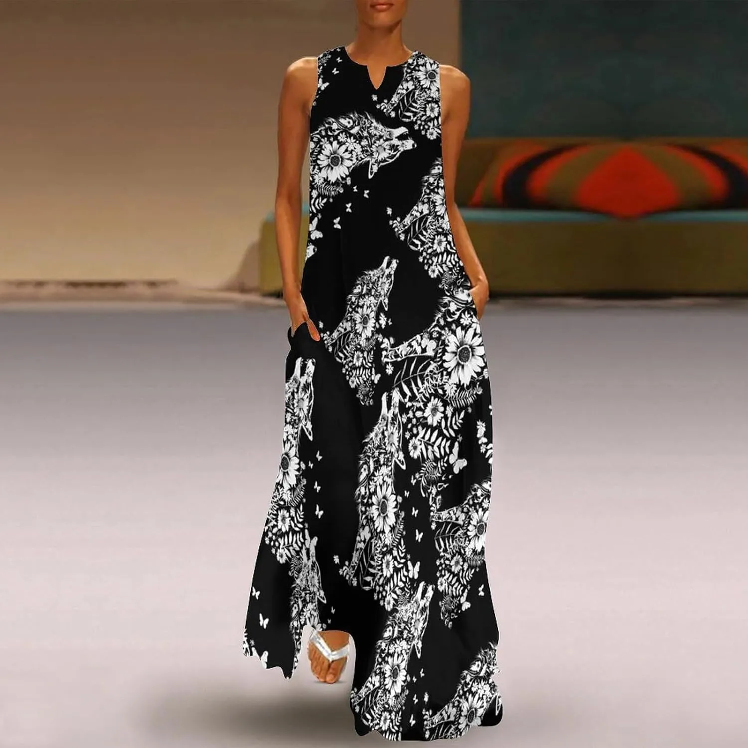 Wolf And Butterflies Women's Maxi Dress V-Neck Sleeveless Summer Casual Beach Long Dresses