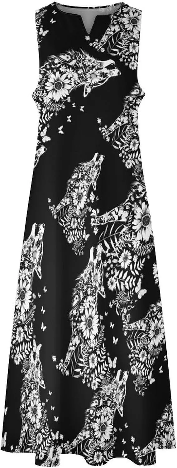 Wolf And Butterflies Women's Maxi Dress V-Neck Sleeveless Summer Casual Beach Long Dresses