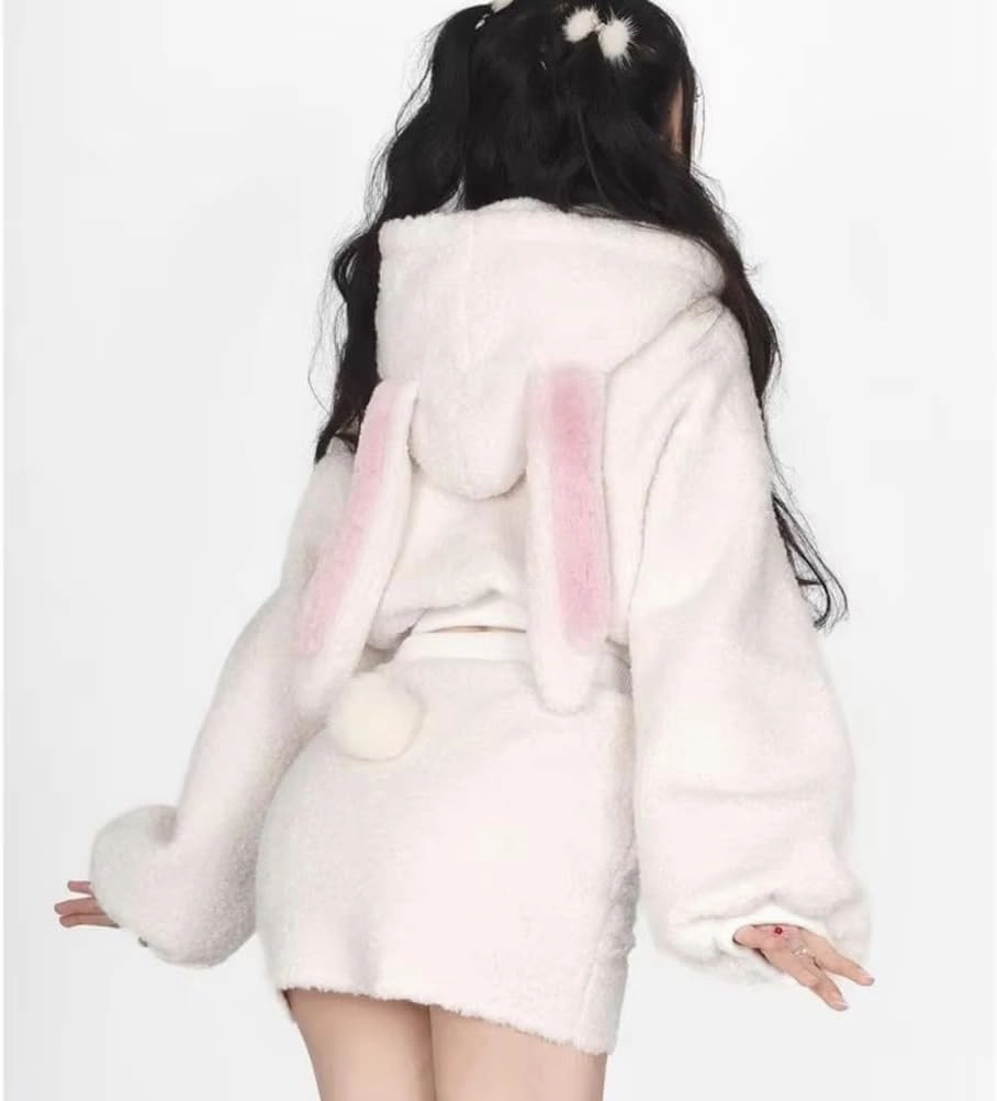 Women Cute Bunny Ear Long Sleeve Fuzzy Fluffy Rabbit Tops Sweatshirt Hoodie Jacket Coats