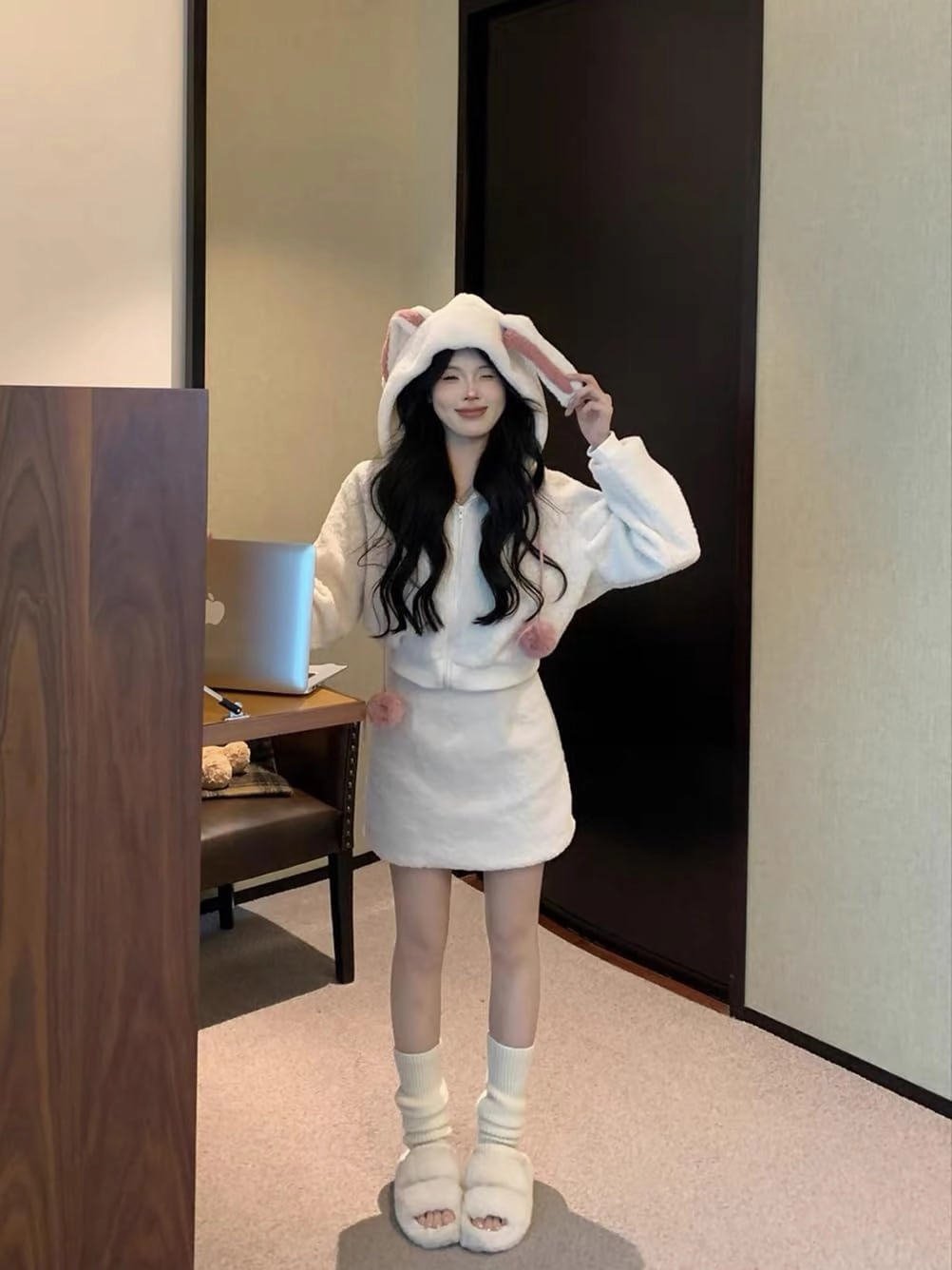 Women Cute Bunny Ear Long Sleeve Fuzzy Fluffy Rabbit Tops Sweatshirt Hoodie Jacket Coats
