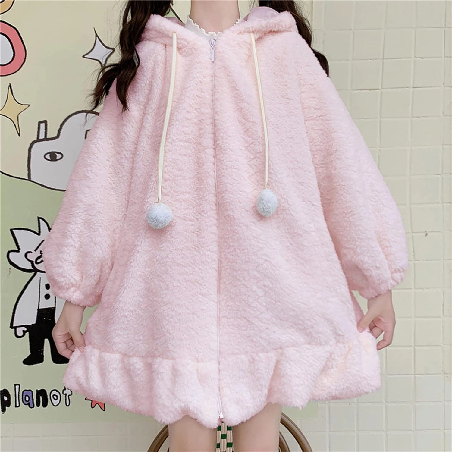 Women Cute Bunny Ear Long Sleeve Fuzzy Fluffy Rabbit Tops Sweatshirt Hoodie Jacket Coats