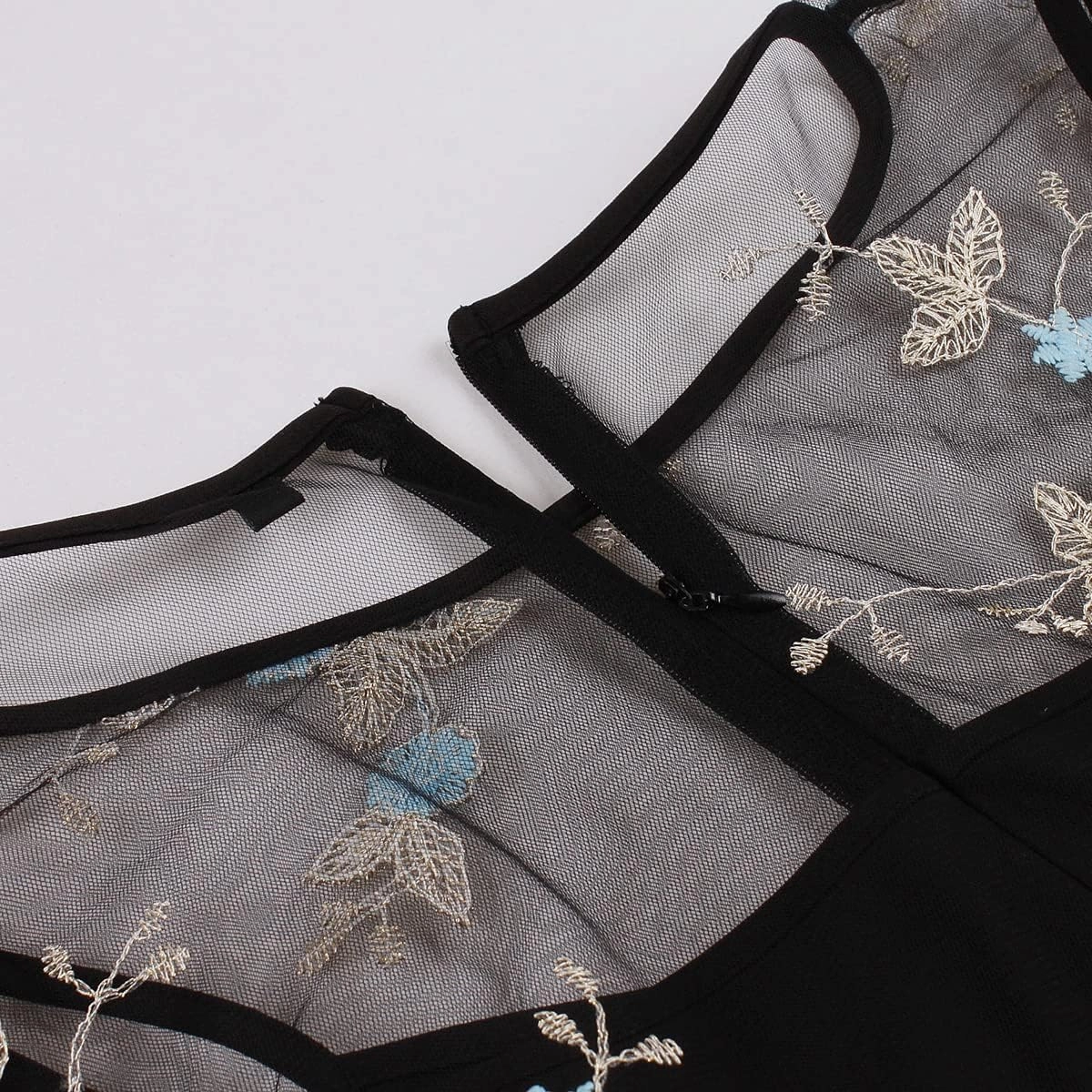 Women Mesh Floral Embroidery Vintage Cocktail Swing Dress Illusion 50s Goth Flared A line Casual Wedding Prom Evening Dress