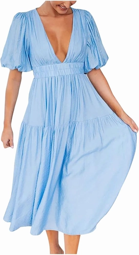 Women's Summer Button Down Shirt Dress Short Puffy Sleeve Tiered Ruffle Flowy Long Maxi Dresses Vocation Party Dress