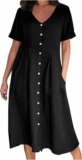 Women's Summer Casual Cotton Linen Midi Dress Plus Size Short Sleeve Button Up V-Neck Maxi Dress with Pockets
