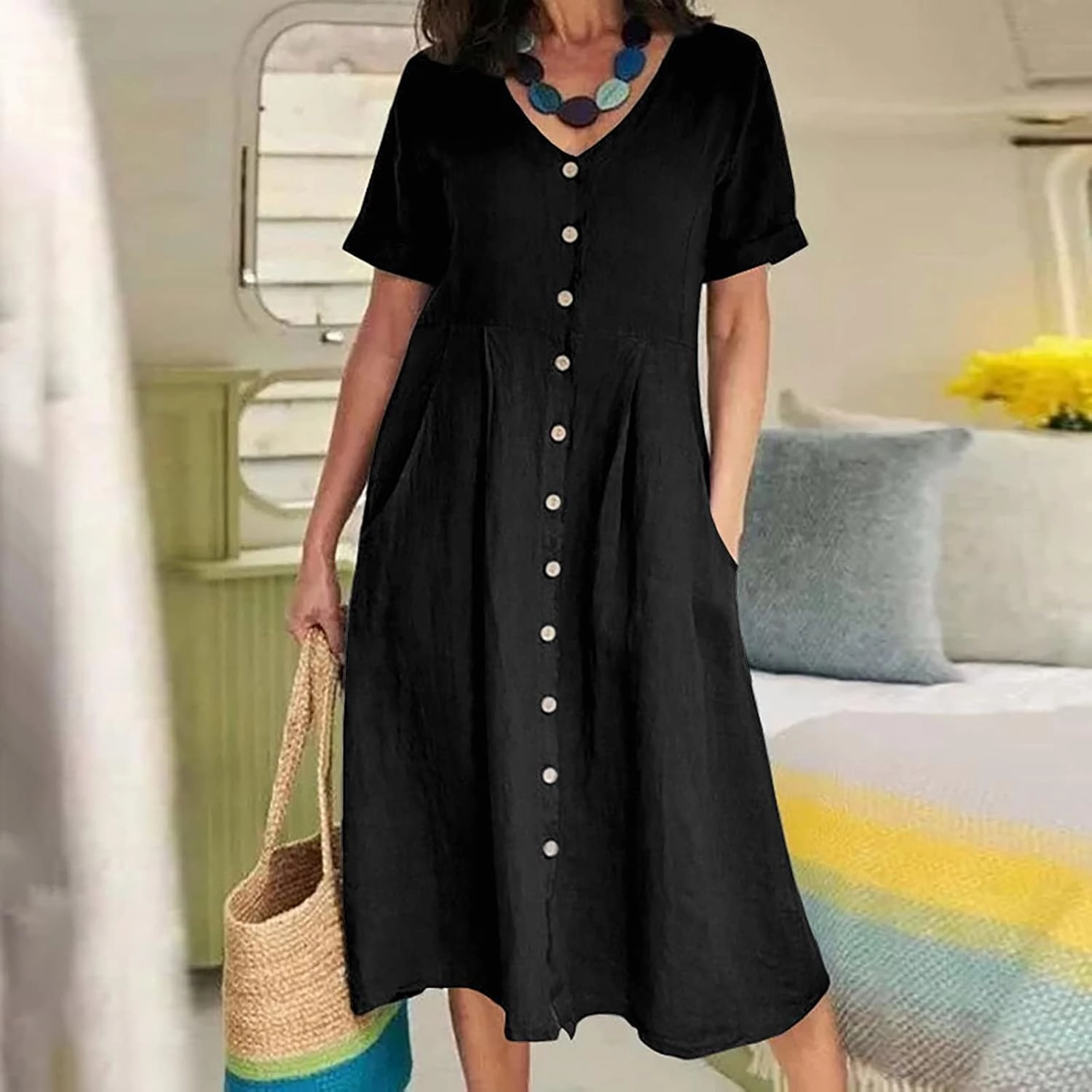Women's Summer Casual Cotton Linen Midi Dress Plus Size Short Sleeve Button Up V-Neck Maxi Dress with Pockets