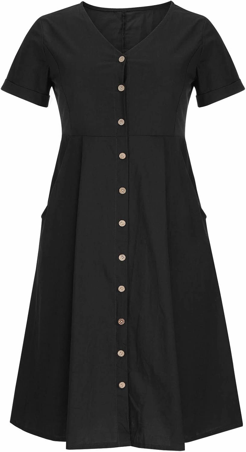 Women's Summer Casual Cotton Linen Midi Dress Plus Size Short Sleeve Button Up V-Neck Maxi Dress with Pockets