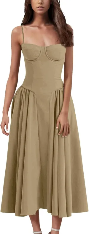 Womens Corset Dress Spaghetti Strap Bustier Midi Dresses Vintage Party Dress Flowy Pleated Hem Low Cut Prom Dresses