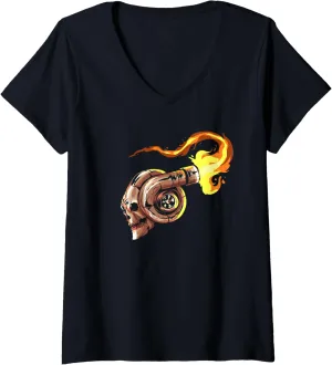 Womens Turbocharger Skull with Fire Turbo Car Boost Tuner Tuning V-Neck T-Shirt