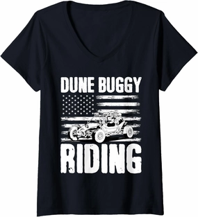 Womens Beach Sand Race Rail Racing Car American USA Flag Dune Buggy V-Neck T-Shirt