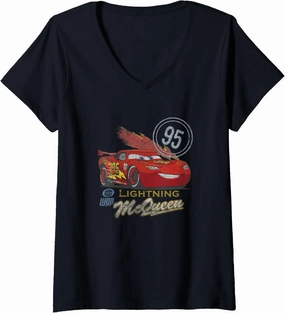 Womens Disney Pixar Cars 2 Lightning McQueen WGP Vintage Logo V-Neck T-Shirt