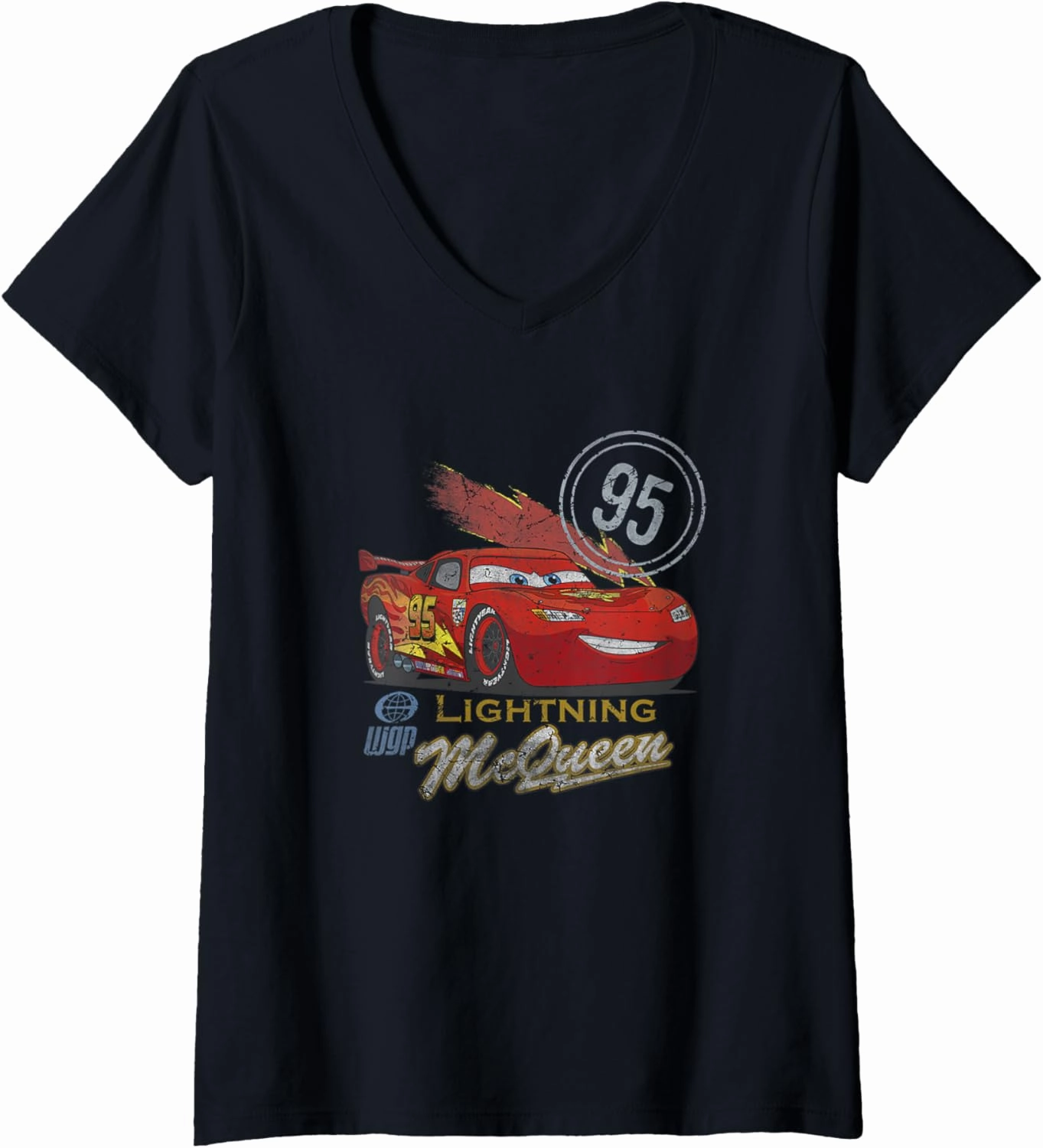 Womens Disney Pixar Cars 2 Lightning McQueen WGP Vintage Logo V-Neck T-Shirt