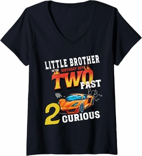 Womens Little Brother Of The Two Years Old Birthday Boy Racing Car V-Neck T-Shirt