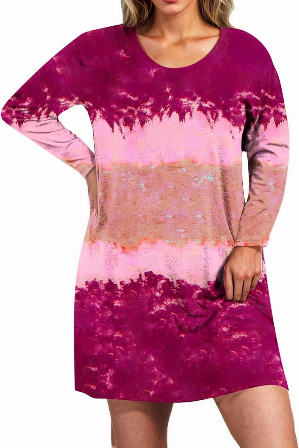 Womens Spring Dresses,Flowy Tie Dye Plus Size Dresses Crewneck Shift Long Sleeve Dress Going Out Vacation Date Night