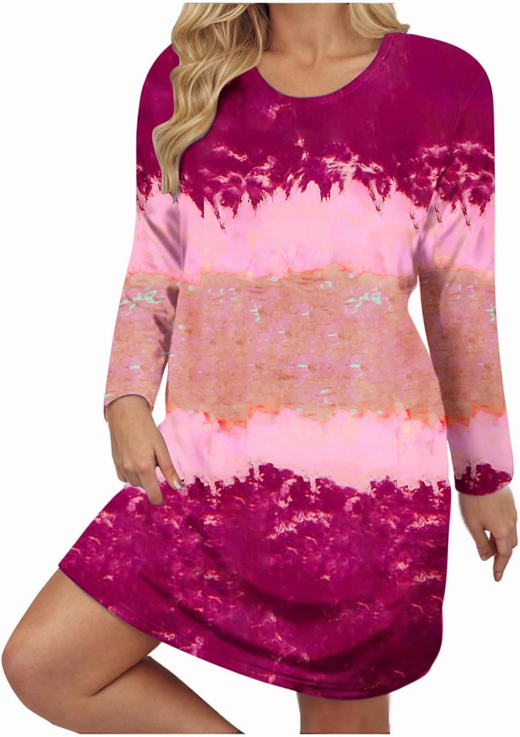Womens Spring Dresses,Flowy Tie Dye Plus Size Dresses Crewneck Shift Long Sleeve Dress Going Out Vacation Date Night