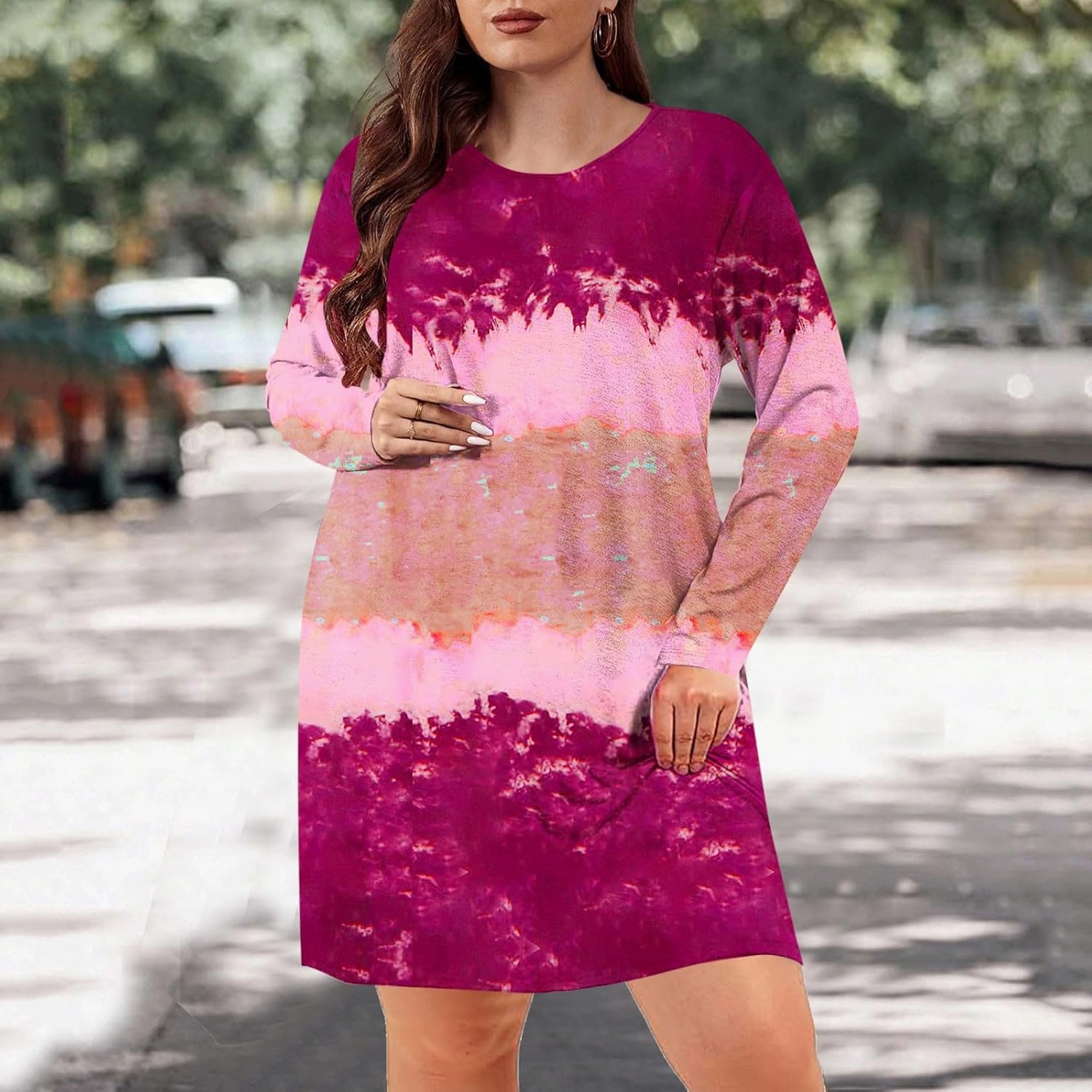 Womens Spring Dresses,Flowy Tie Dye Plus Size Dresses Crewneck Shift Long Sleeve Dress Going Out Vacation Date Night