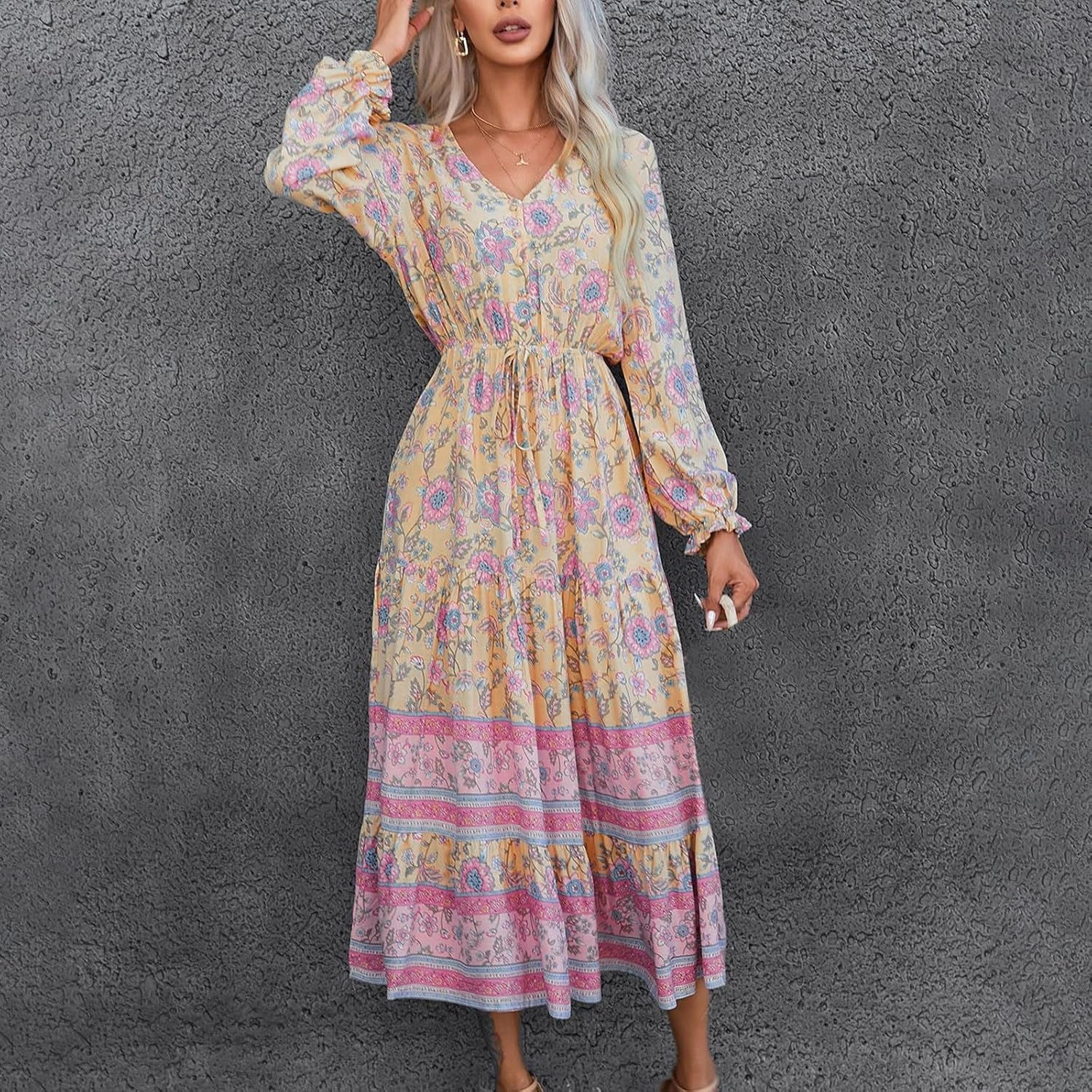 Wrap Dresses for Women，Puff Sleeve Spring Dress Tie Waist Tiered Midi Dress for Going Out Wedding Guest Date Night