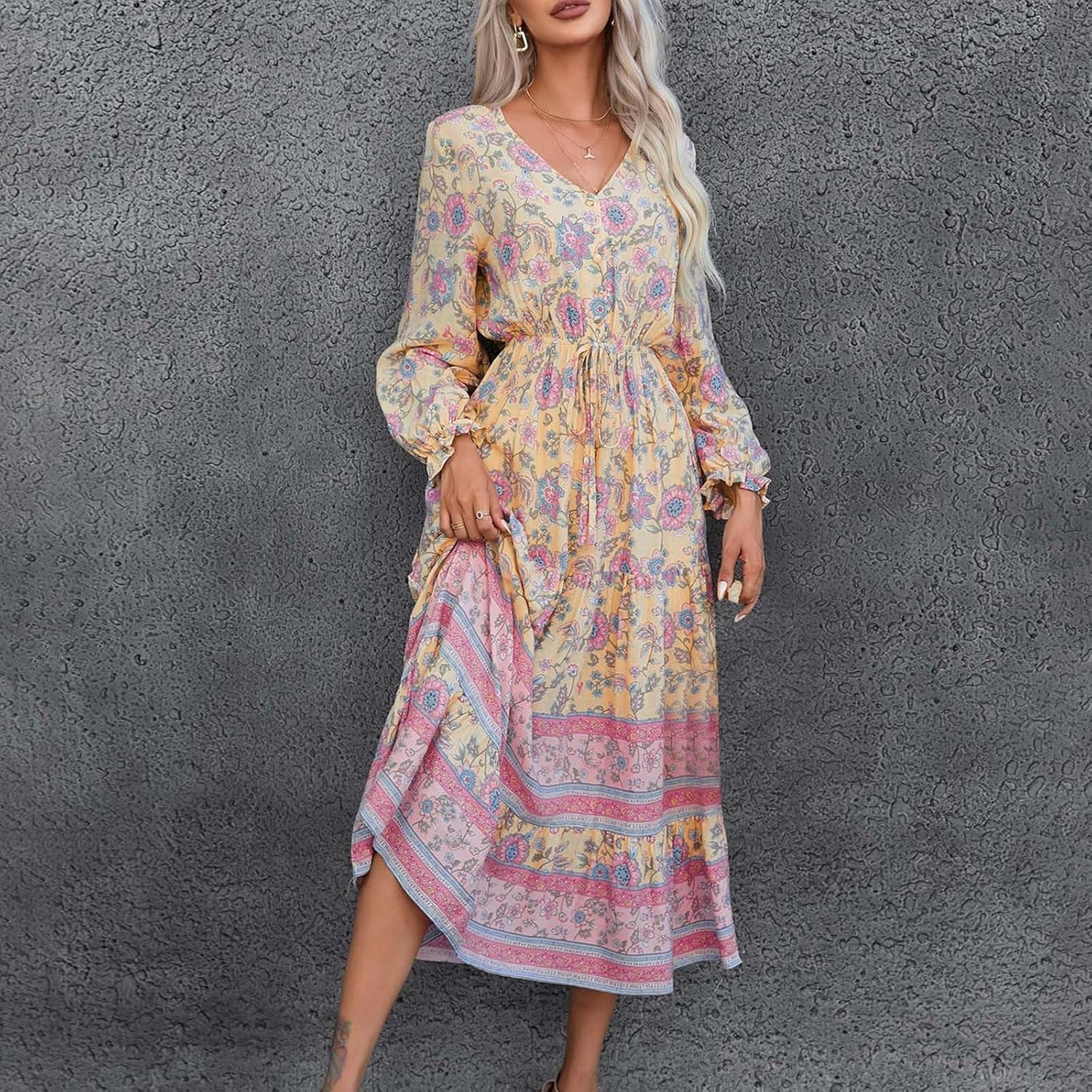 Wrap Dresses for Women，Puff Sleeve Spring Dress Tie Waist Tiered Midi Dress for Going Out Wedding Guest Date Night