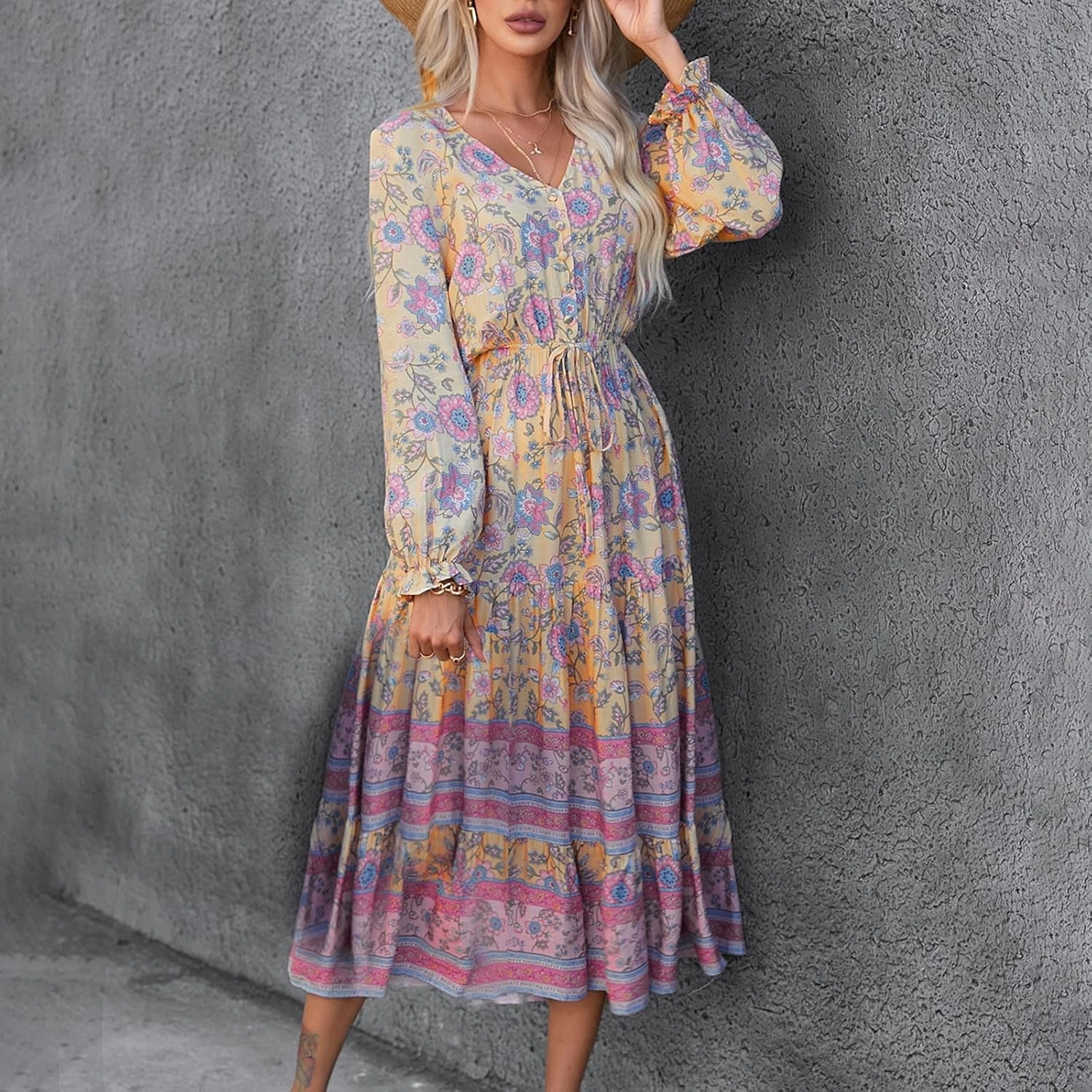 Wrap Dresses for Women，Puff Sleeve Spring Dress Tie Waist Tiered Midi Dress for Going Out Wedding Guest Date Night