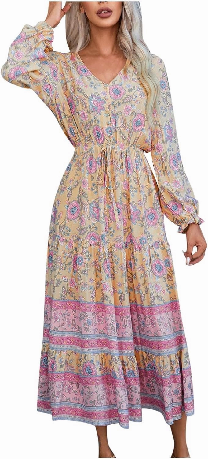 Wrap Dresses for Women，Puff Sleeve Spring Dress Tie Waist Tiered Midi Dress for Going Out Wedding Guest Date Night