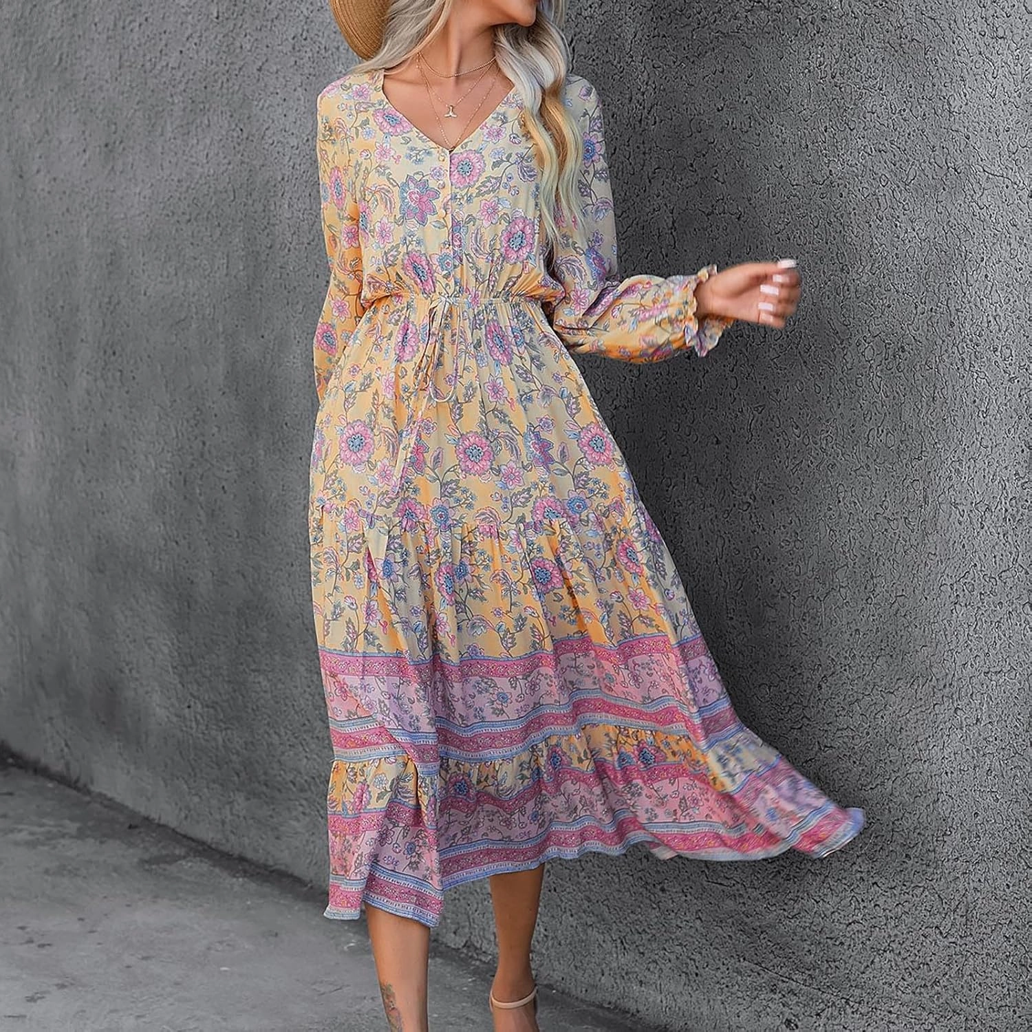 Wrap Dresses for Women，Puff Sleeve Spring Dress Tie Waist Tiered Midi Dress for Going Out Wedding Guest Date Night
