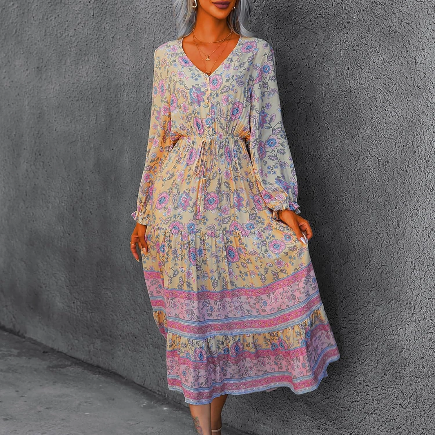 Wrap Dresses for Women，Puff Sleeve Spring Dress Tie Waist Tiered Midi Dress for Going Out Wedding Guest Date Night