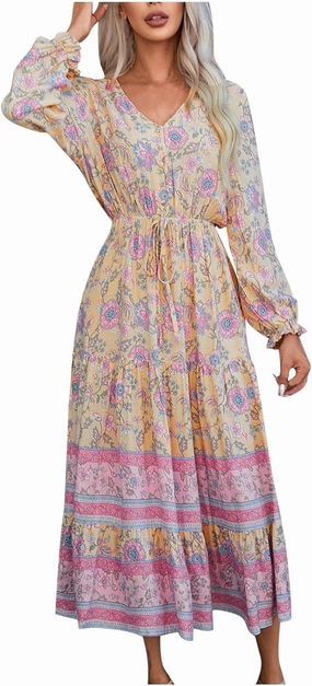 Wrap Dresses for Women，Puff Sleeve Spring Dress Tie Waist Tiered Midi Dress for Going Out Wedding Guest Date Night
