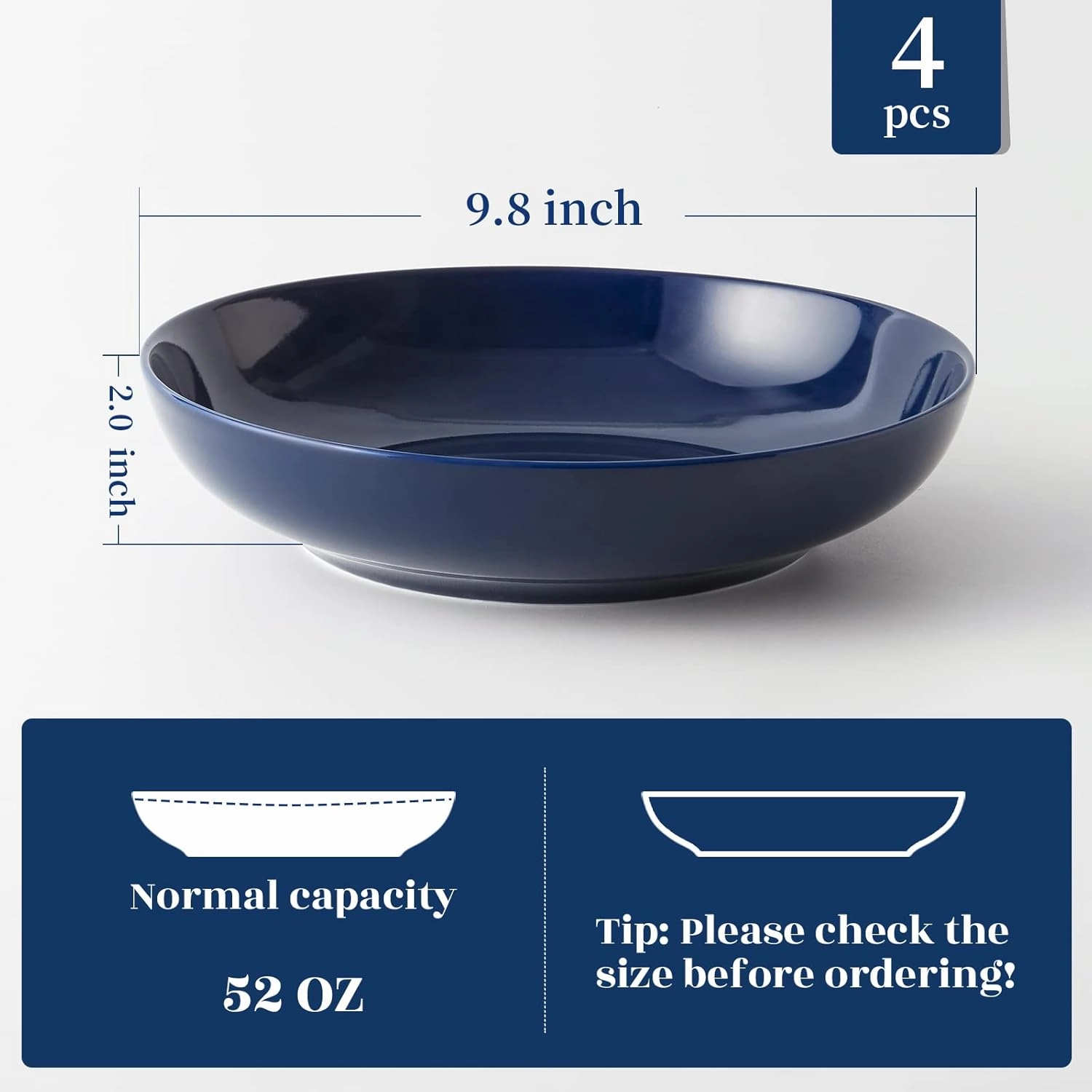 Y YHY 9.75" Large Pasta Bowls, 50 Ounces Big Salad Bowls, Ceramic Serving Bowl Set of 4, Blue