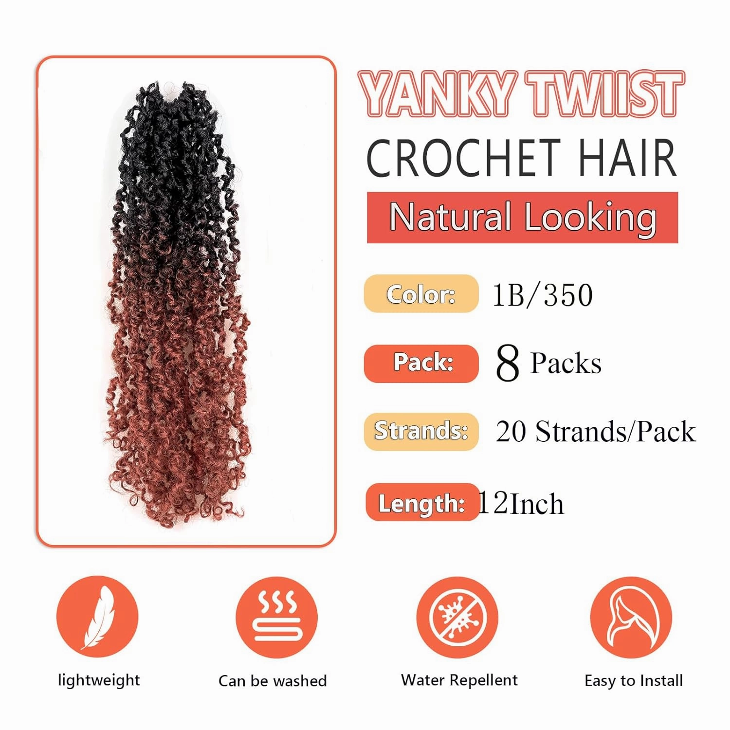 Yanky Twist Crochet Hair 12 Inch 8 Packs Yanky Passion Twist Hair Bohemian Yanky Twists Crochet Hair Pre Looped Pre-twisted Fluffy Mini Twist(1B/350)