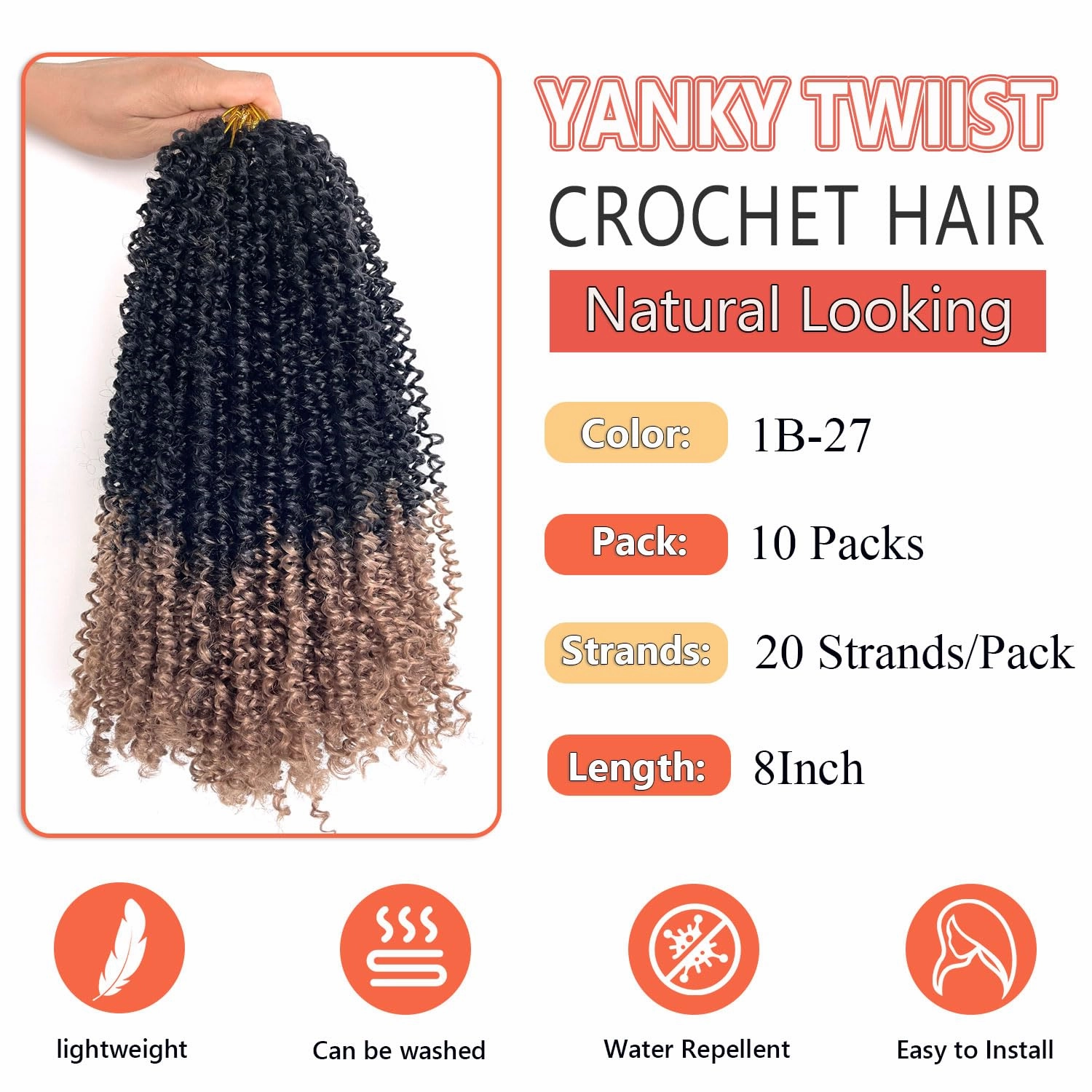 Yanky Twist Crochet Hair 8 Inch 10 Packs Yanky Passion Twist Hair Bohemian Yanky Twists Crochet Hair Pre Looped Pre-twisted Fluffy Mini Twist Crochet Hair Crochet Braiding Hair (1B/27)