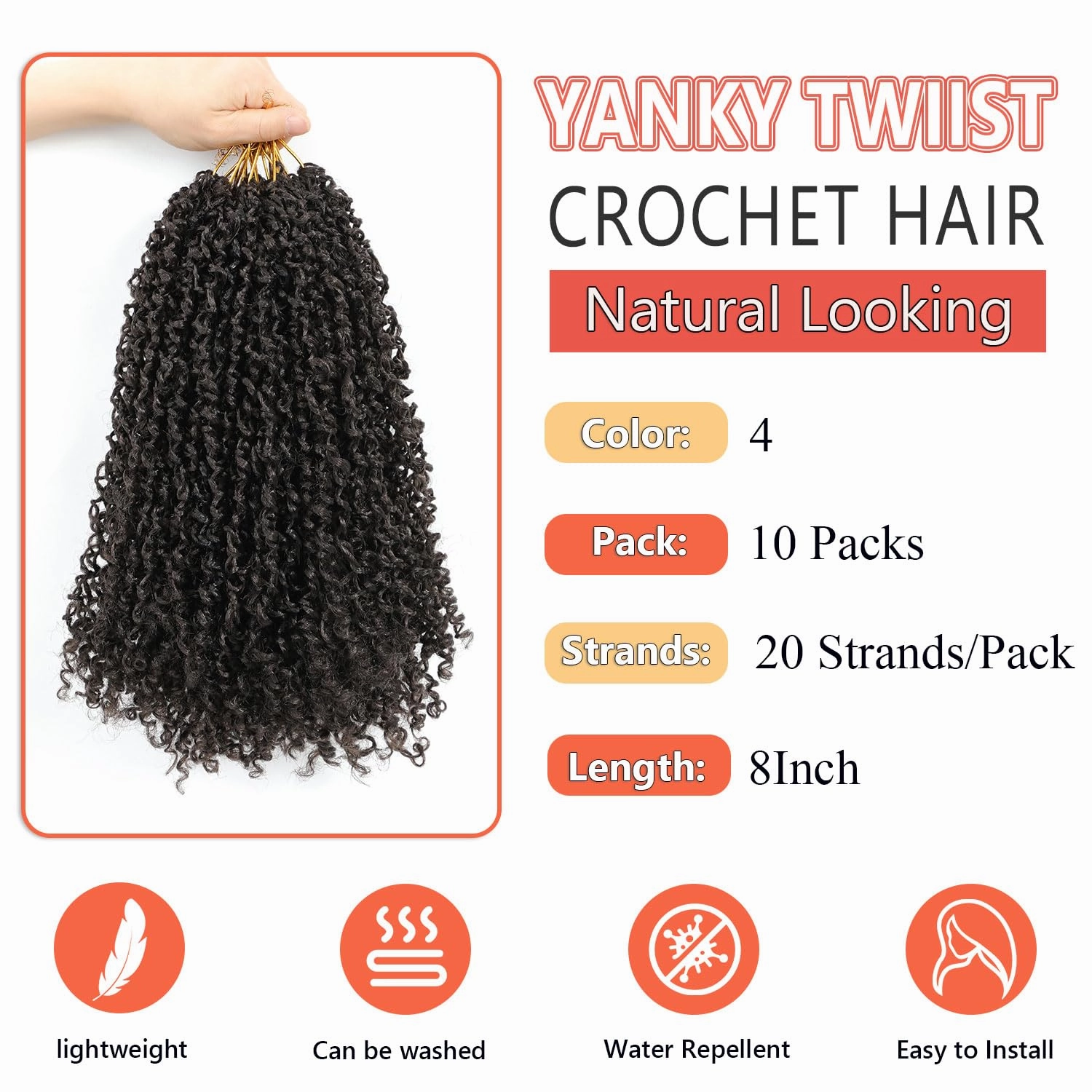 Yanky Twist Crochet Hair 8 Inch 10 Packs Yanky Passion Twist Hair Bohemian Yanky Twists Crochet Hair Pre Looped Pre-twisted Fluffy Mini Twist Crochet Hair Crochet Braiding Hair (#4)