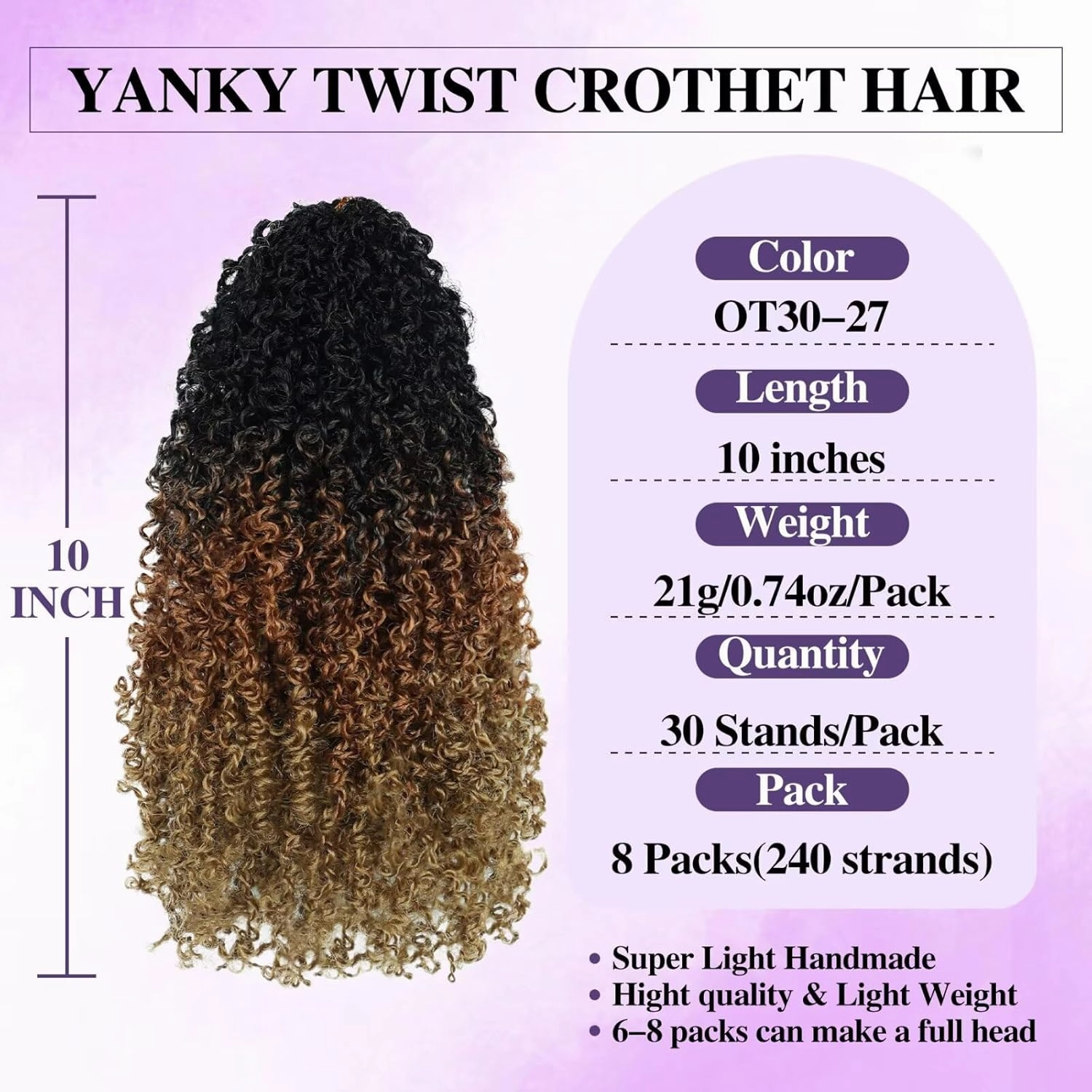 Yanky Twist Crochet Hair for black women 10 Inch 8 Packs 30 Stands/Pc,Pre-looped Fluffy Spring Mini Twist Passion Twist 3 Toned Ombre Brown Synthetic Crochet Braids Braiding Hair(10 Inch, OT30/27-8P)