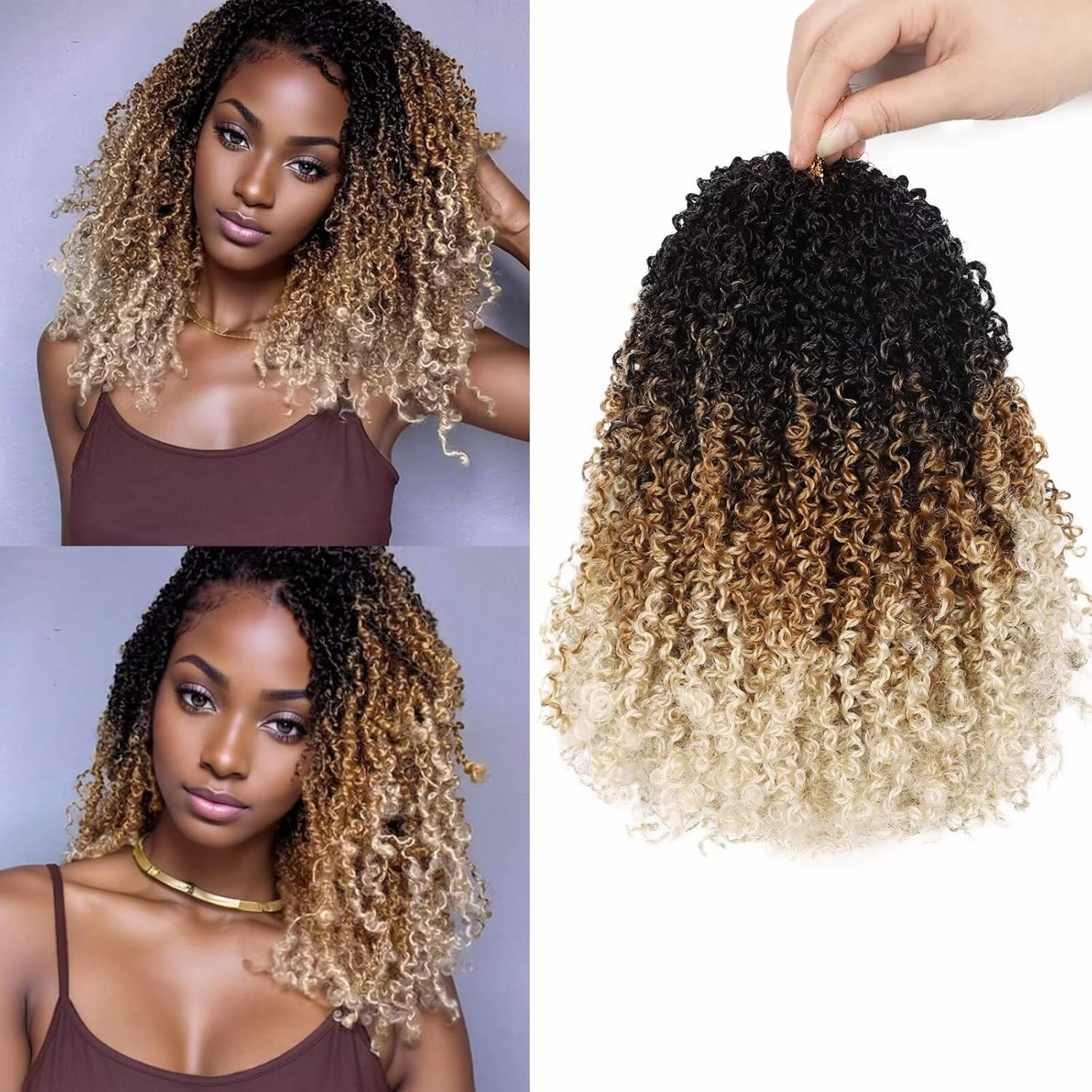Yanky Twist Crochet Hair for black women 10 Inch 8 Packs 30 Stands/Pc,Pre-looped Fluffy Spring Mini Twist Passion Twist 3 Tones Ombre Blonde Synthetic Crochet Braids Braiding Hair(10Inch, OT27/613-8P)