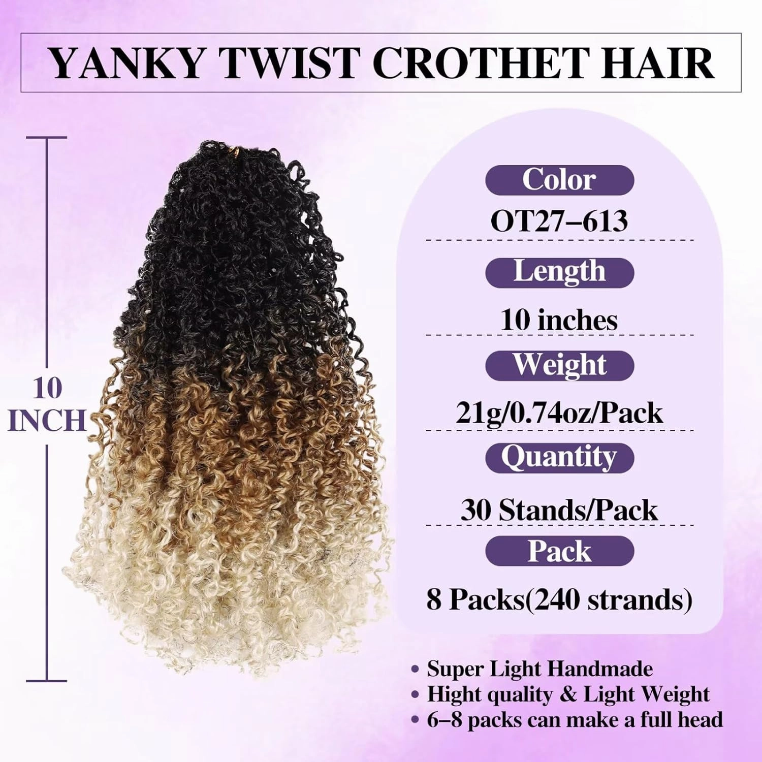 Yanky Twist Crochet Hair for black women 10 Inch 8 Packs 30 Stands/Pc,Pre-looped Fluffy Spring Mini Twist Passion Twist 3 Tones Ombre Blonde Synthetic Crochet Braids Braiding Hair(10Inch, OT27/613-8P)