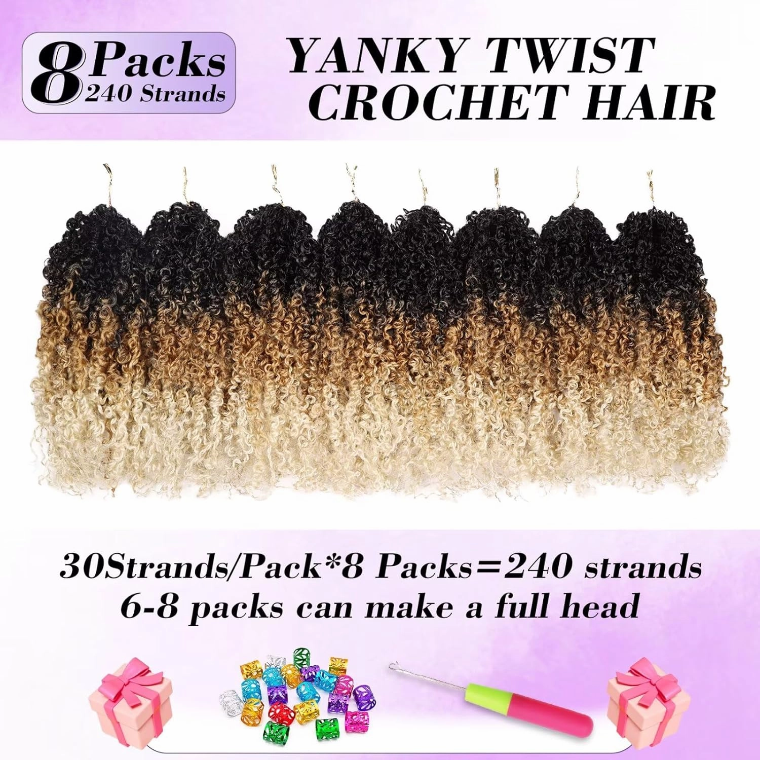Yanky Twist Crochet Hair for black women 10 Inch 8 Packs 30 Stands/Pc,Pre-looped Fluffy Spring Mini Twist Passion Twist 3 Tones Ombre Blonde Synthetic Crochet Braids Braiding Hair(10Inch, OT27/613-8P)