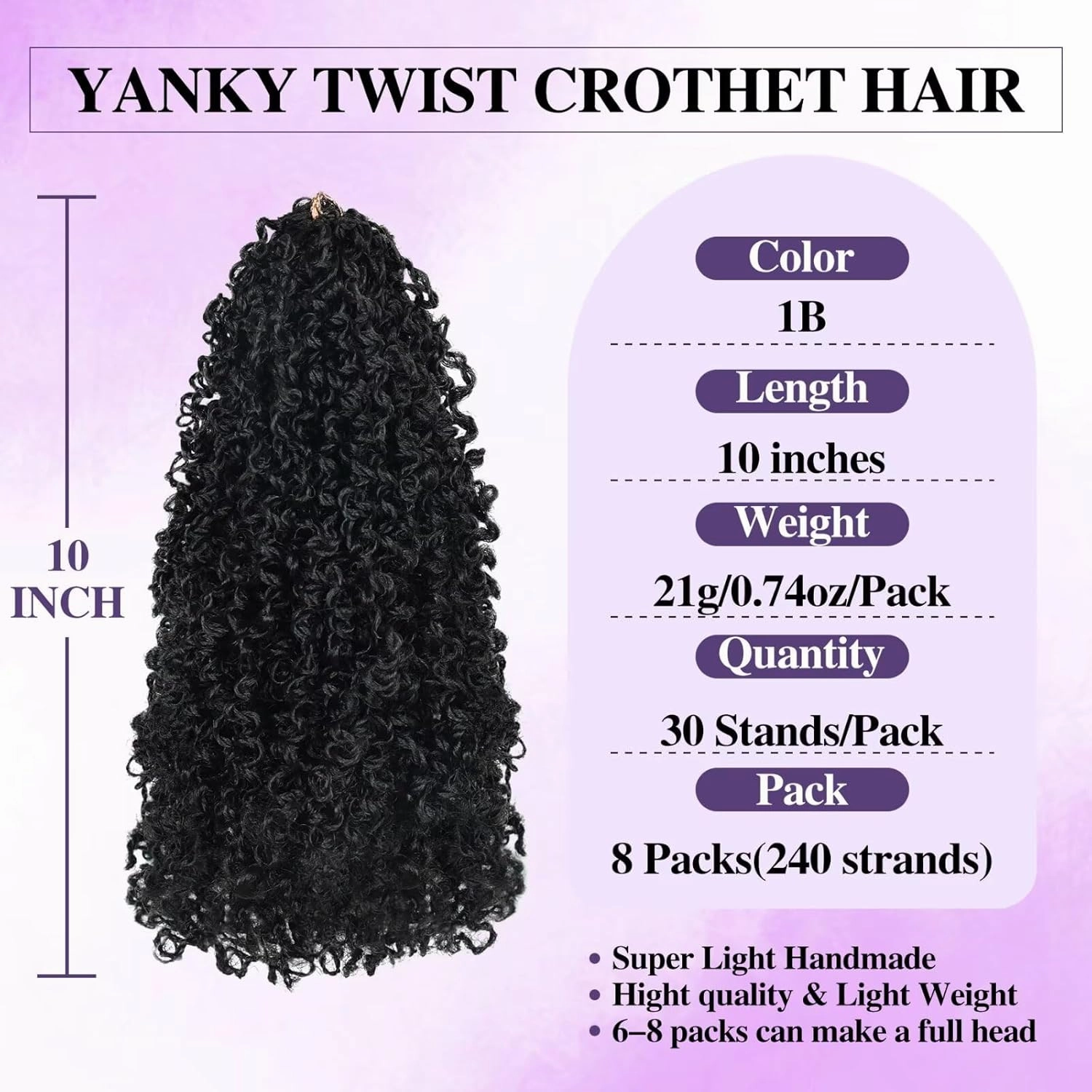 Yanky Twist Crochet Hair for black women 10 Inch 8 Packs 30 Stands/Pc,Pre-looped Fluffy Spring Mini Twist Passion Twist Natural Black Synthetic Crochet Braids Braiding Hair(10 Inch, 1B-8P)
