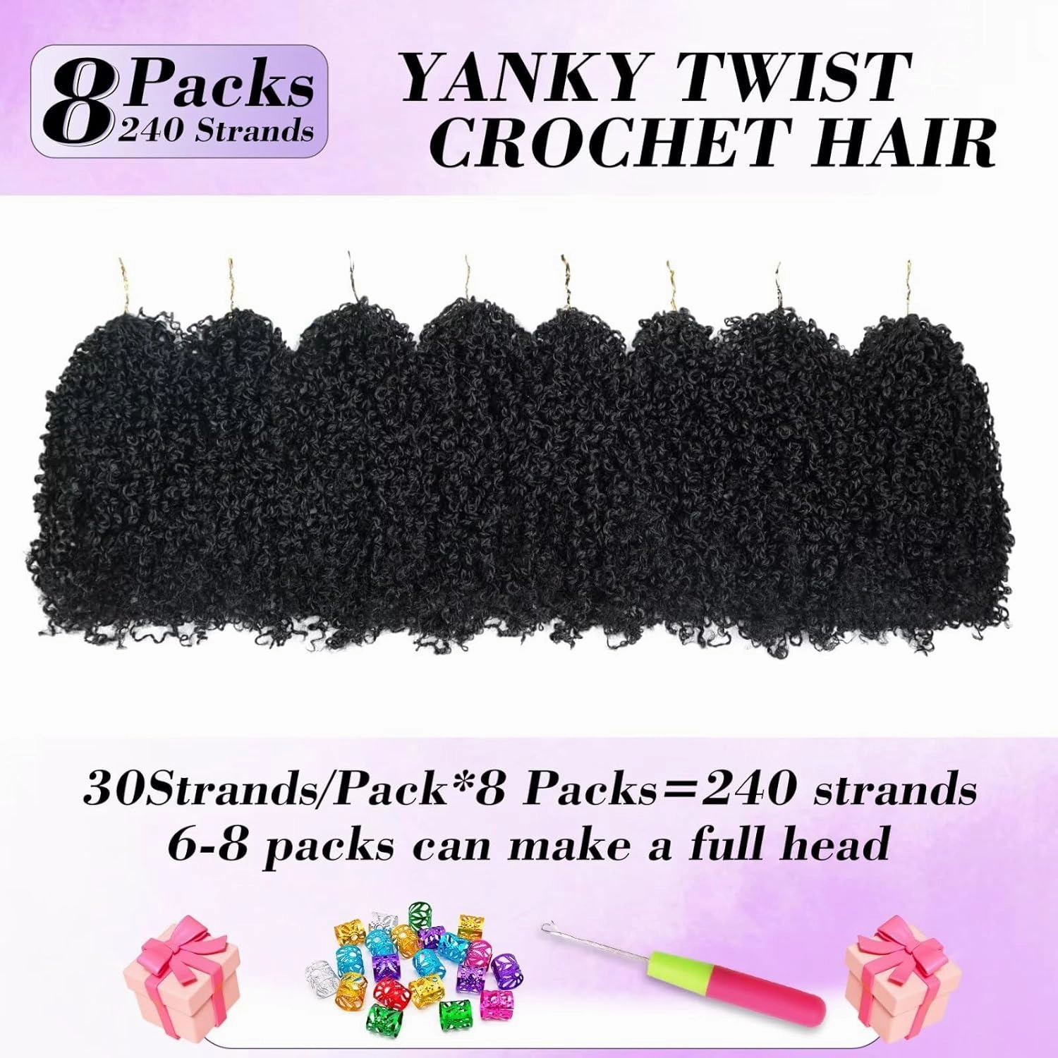 Yanky Twist Crochet Hair for black women 10 Inch 8 Packs 30 Stands/Pc,Pre-looped Fluffy Spring Mini Twist Passion Twist Natural Black Synthetic Crochet Braids Braiding Hair(10 Inch, 1B-8P)