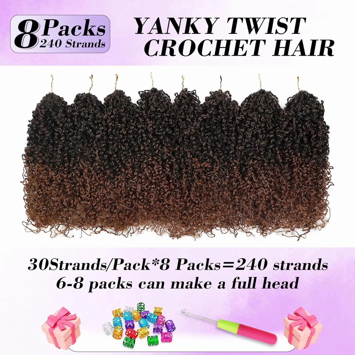 Yanky Twist Crochet Hair for black women 10 Inch 8 Packs 30 Stands/Pc,Pre-looped Fluffy Spring Mini Twist Passion Twist Ombre Brown Synthetic Crochet Braids Braiding Hair(10 Inch, T30-8P)
