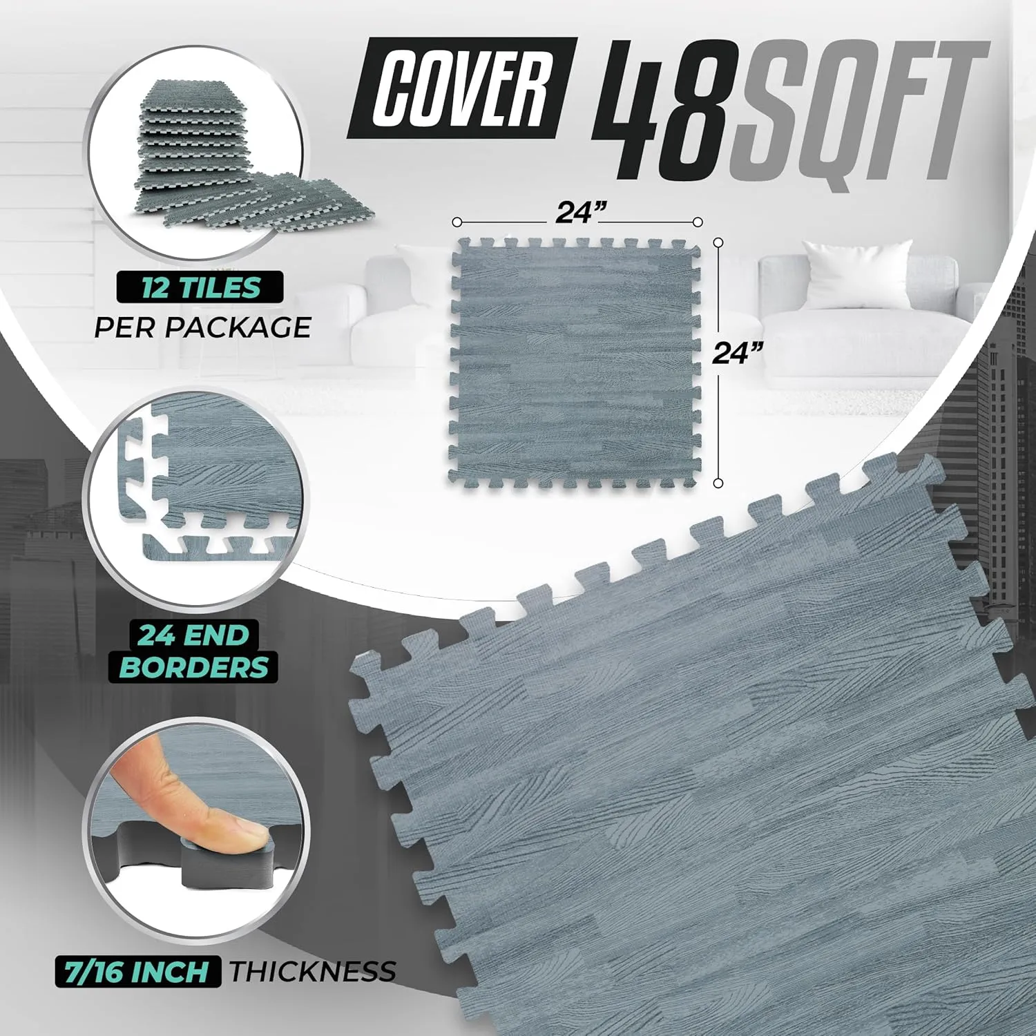 Yes4All 48SQ.FT Wood Grain Puzzle Exercise Mat Protective Flooring, EVA Interlocking Foam Floor Tiles with Border for Home