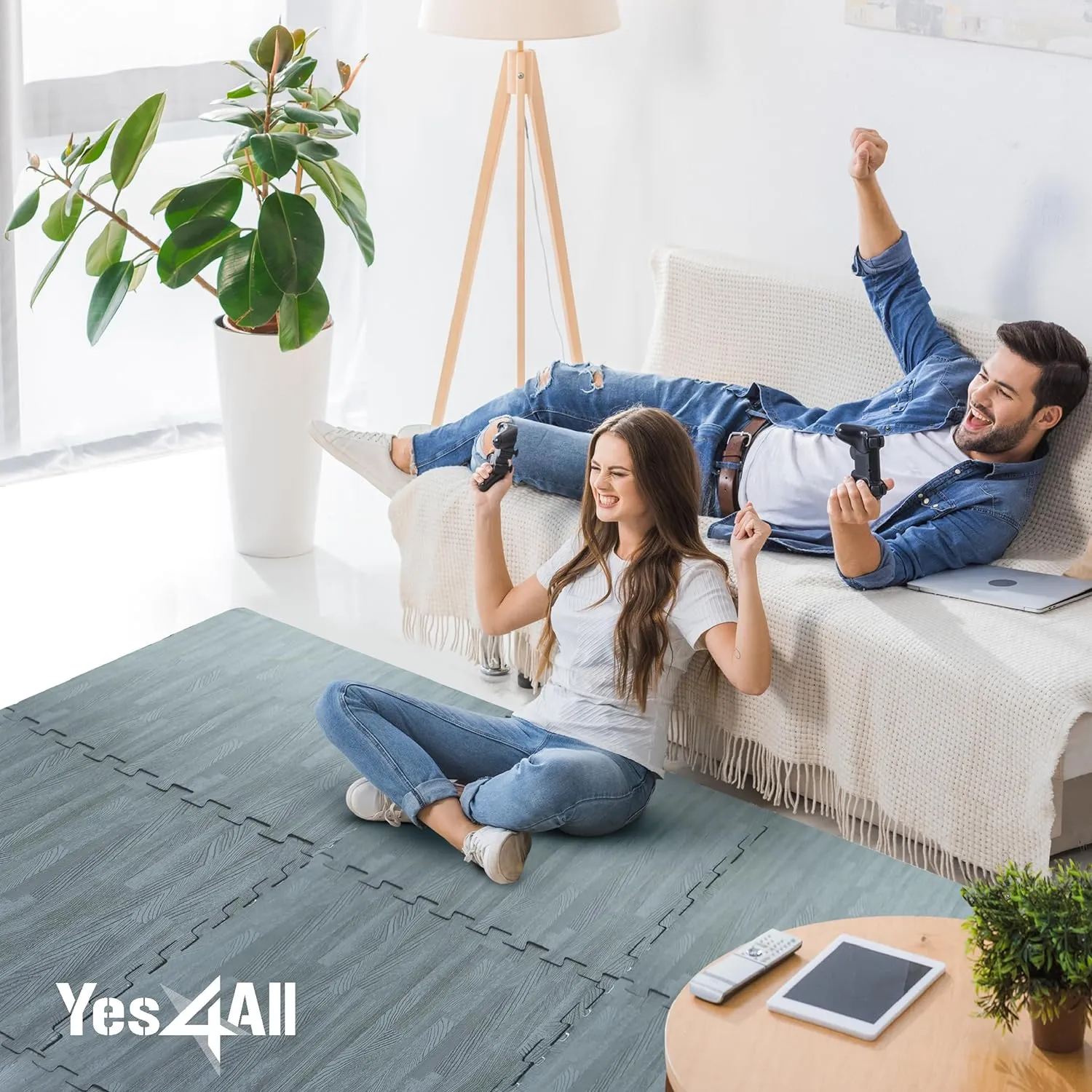 Yes4All 48SQ.FT Wood Grain Puzzle Exercise Mat Protective Flooring, EVA Interlocking Foam Floor Tiles with Border for Home
