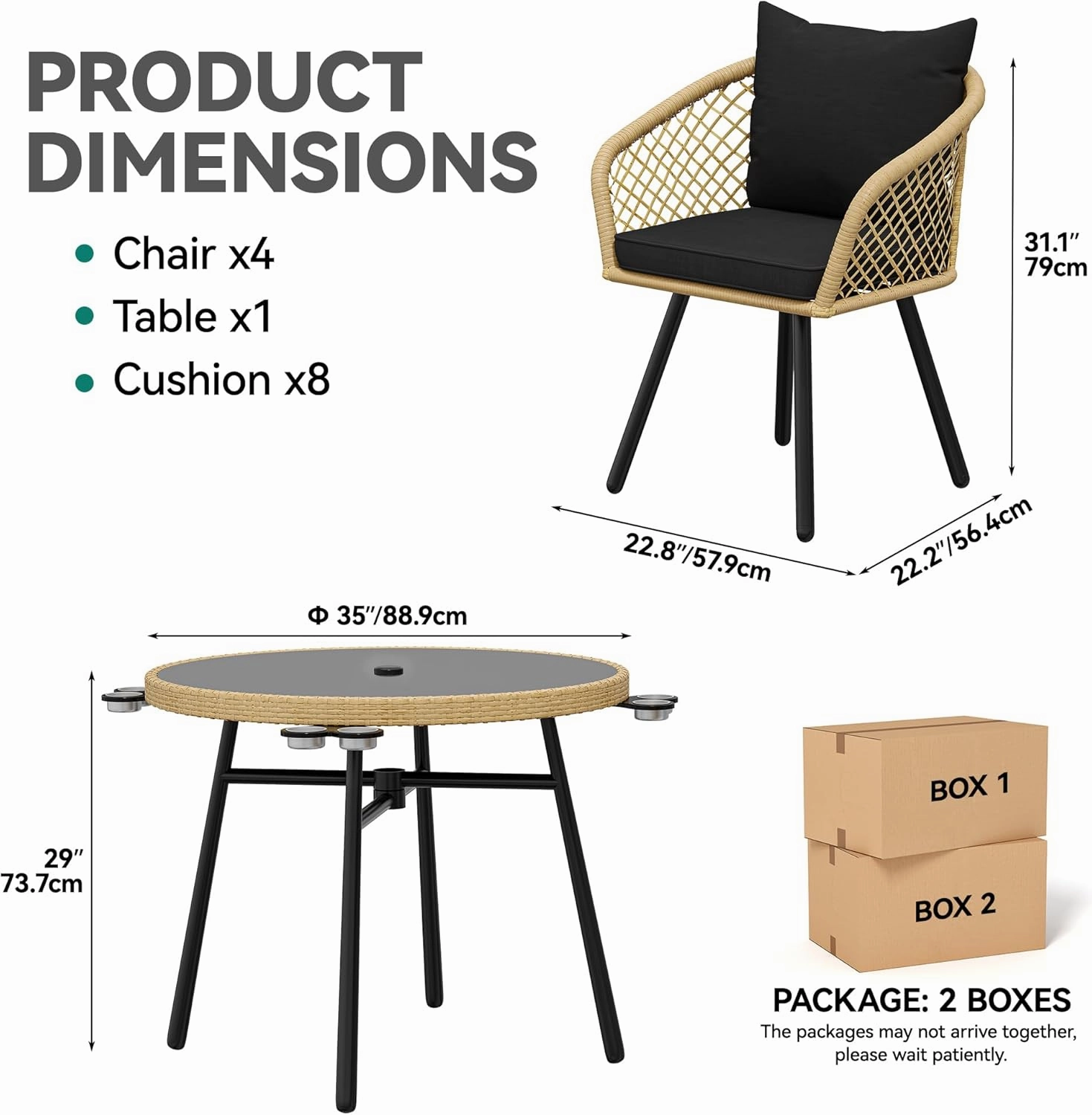 YITAHOME 5-Piece Outdoor Dining Set with Umbralle Hole, Rattan Patio Dining Set for 4 with Cup Holders Soft Cushions and Glass Top Dining Table for Patio, Backyard, Garden, Bacony, Light Brown & Black