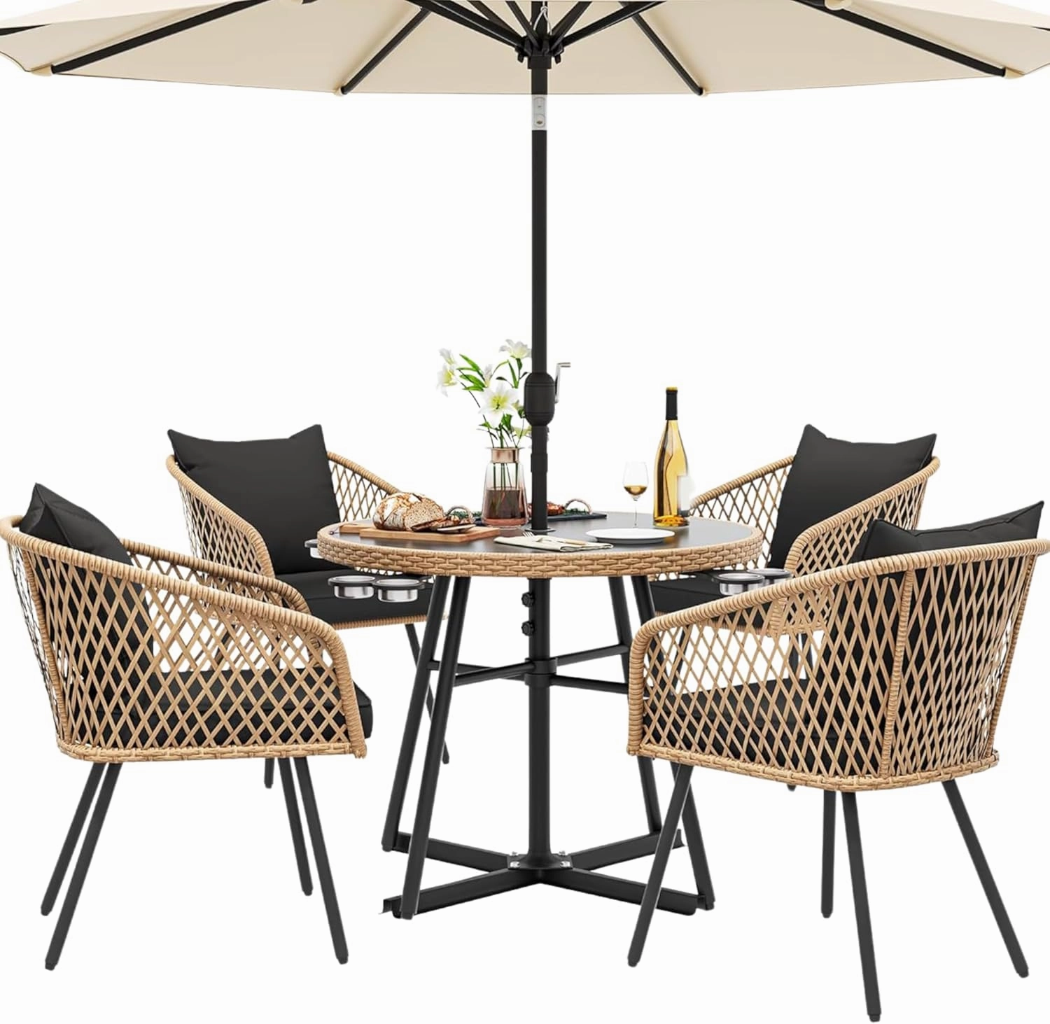 YITAHOME 5-Piece Outdoor Dining Set with Umbralle Hole, Rattan Patio Dining Set for 4 with Cup Holders Soft Cushions and Glass Top Dining Table for Patio, Backyard, Garden, Bacony, Light Brown & Black