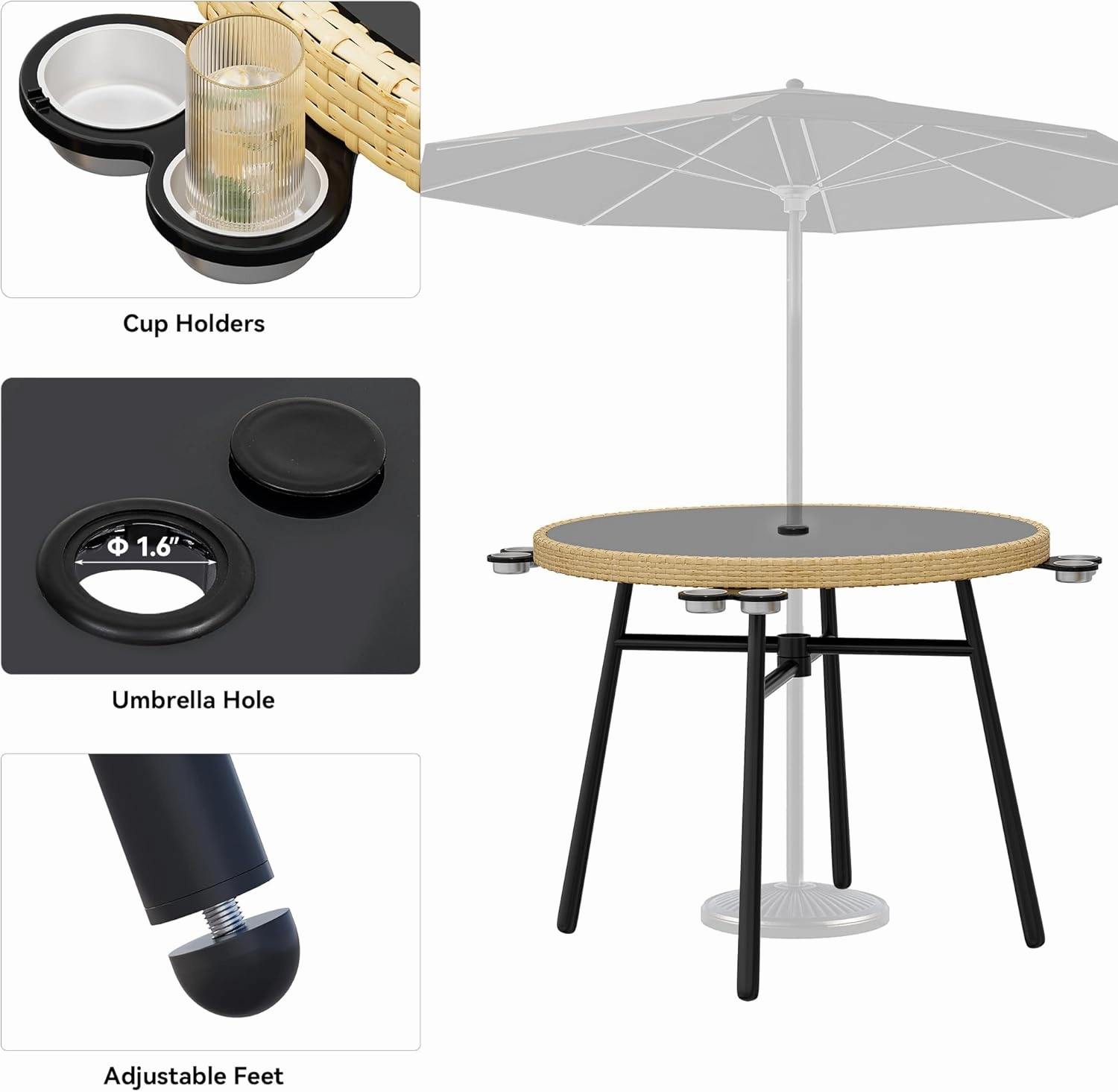 YITAHOME 5-Piece Outdoor Dining Set with Umbralle Hole, Rattan Patio Dining Set for 4 with Cup Holders Soft Cushions and Glass Top Dining Table for Patio, Backyard, Garden, Bacony, Light Brown & Black