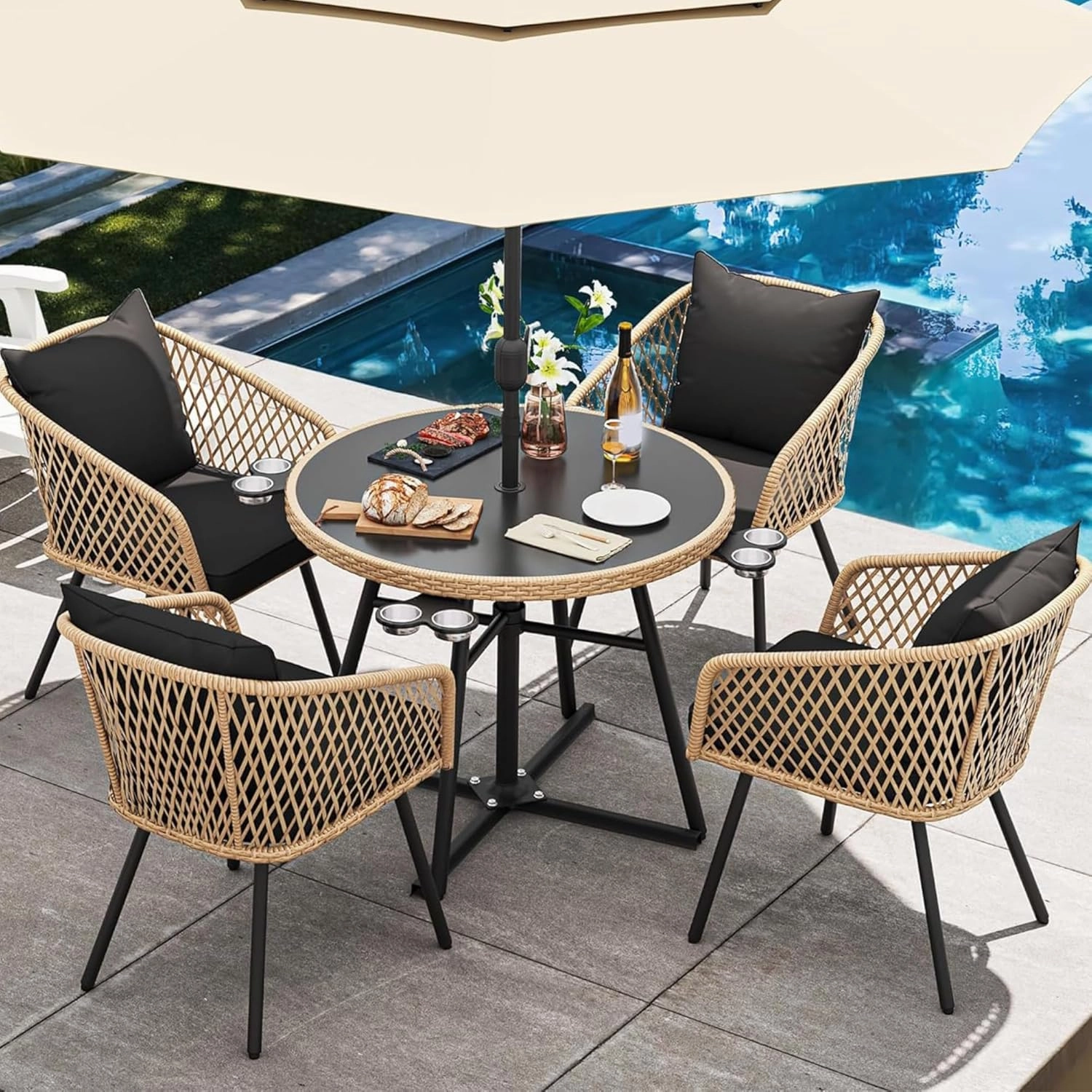YITAHOME 5-Piece Outdoor Dining Set with Umbralle Hole, Rattan Patio Dining Set for 4 with Cup Holders Soft Cushions and Glass Top Dining Table for Patio, Backyard, Garden, Bacony, Light Brown & Black