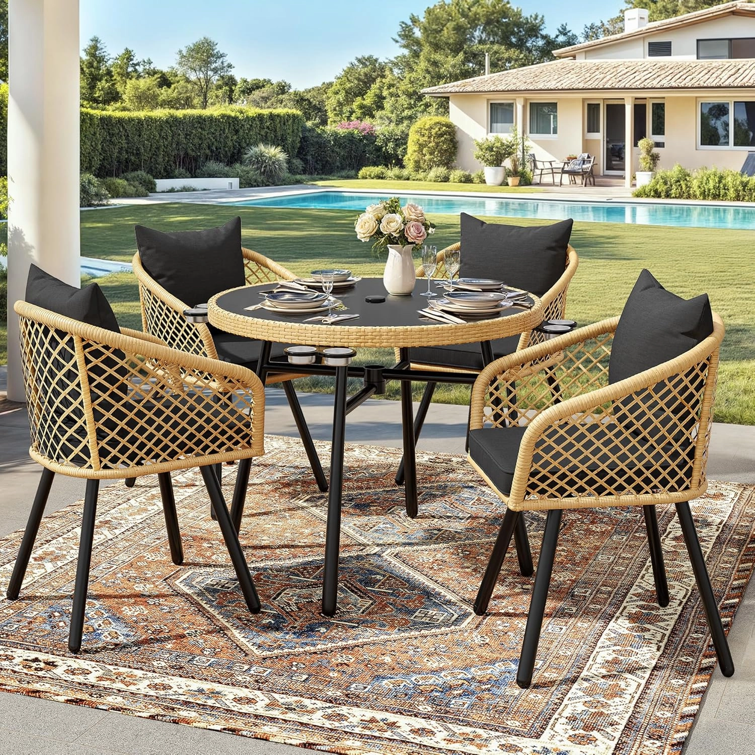 YITAHOME 5-Piece Outdoor Dining Set with Umbralle Hole, Rattan Patio Dining Set for 4 with Cup Holders Soft Cushions and Glass Top Dining Table for Patio, Backyard, Garden, Bacony, Light Brown & Black