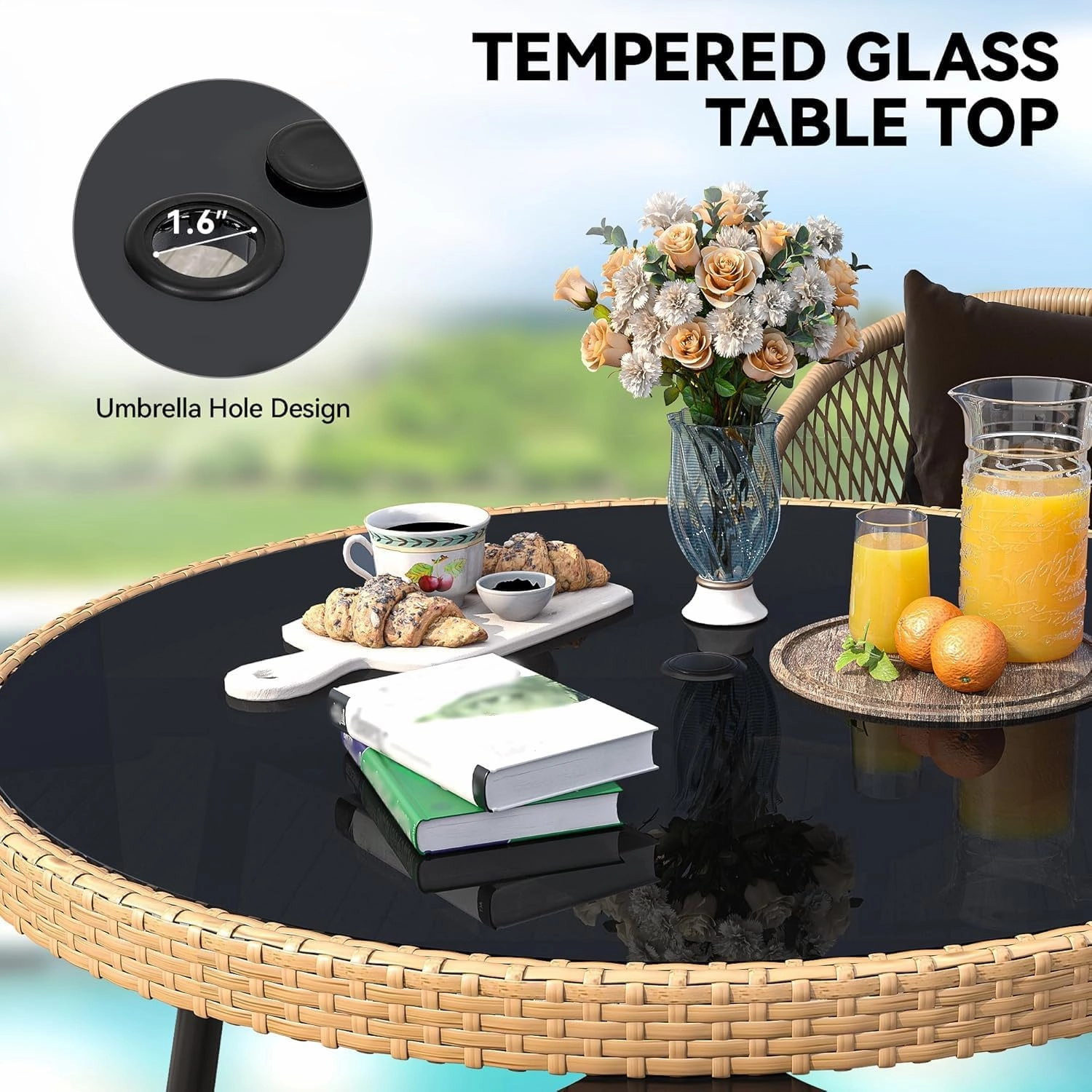 YITAHOME 5-Piece Outdoor Dining Set with Umbralle Hole, Rattan Patio Dining Set for 4 with Cup Holders Soft Cushions and Glass Top Dining Table for Patio, Backyard, Garden, Bacony, Light Brown & Black