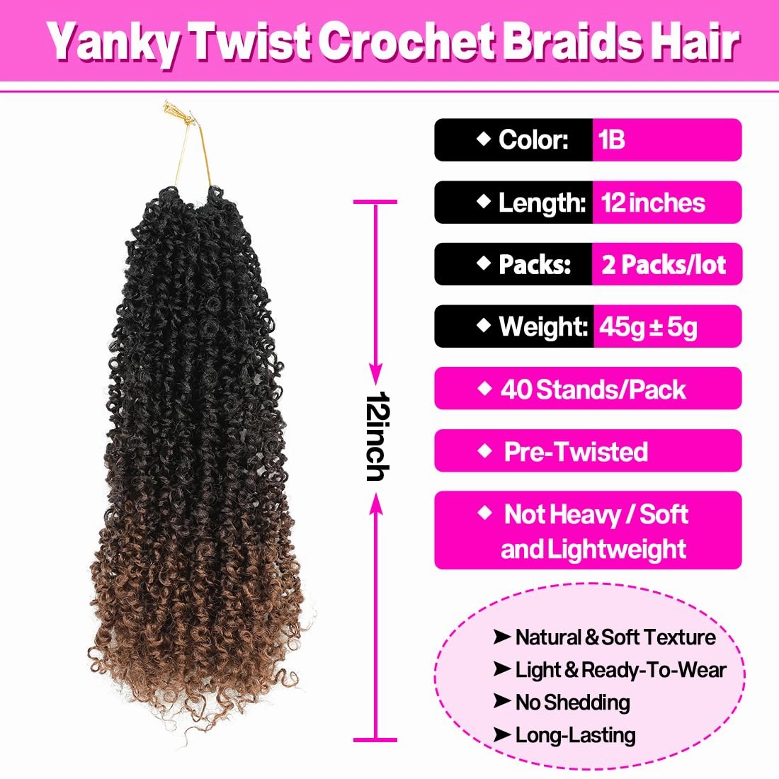 Youngther Yanky twist crochet hair Pre-Twisted Fluffy Spring Mini Twist with curly crochet hair for black women crochet hair pre looped Synthetic hair extension（12inch 1B/4/30 2PCS）