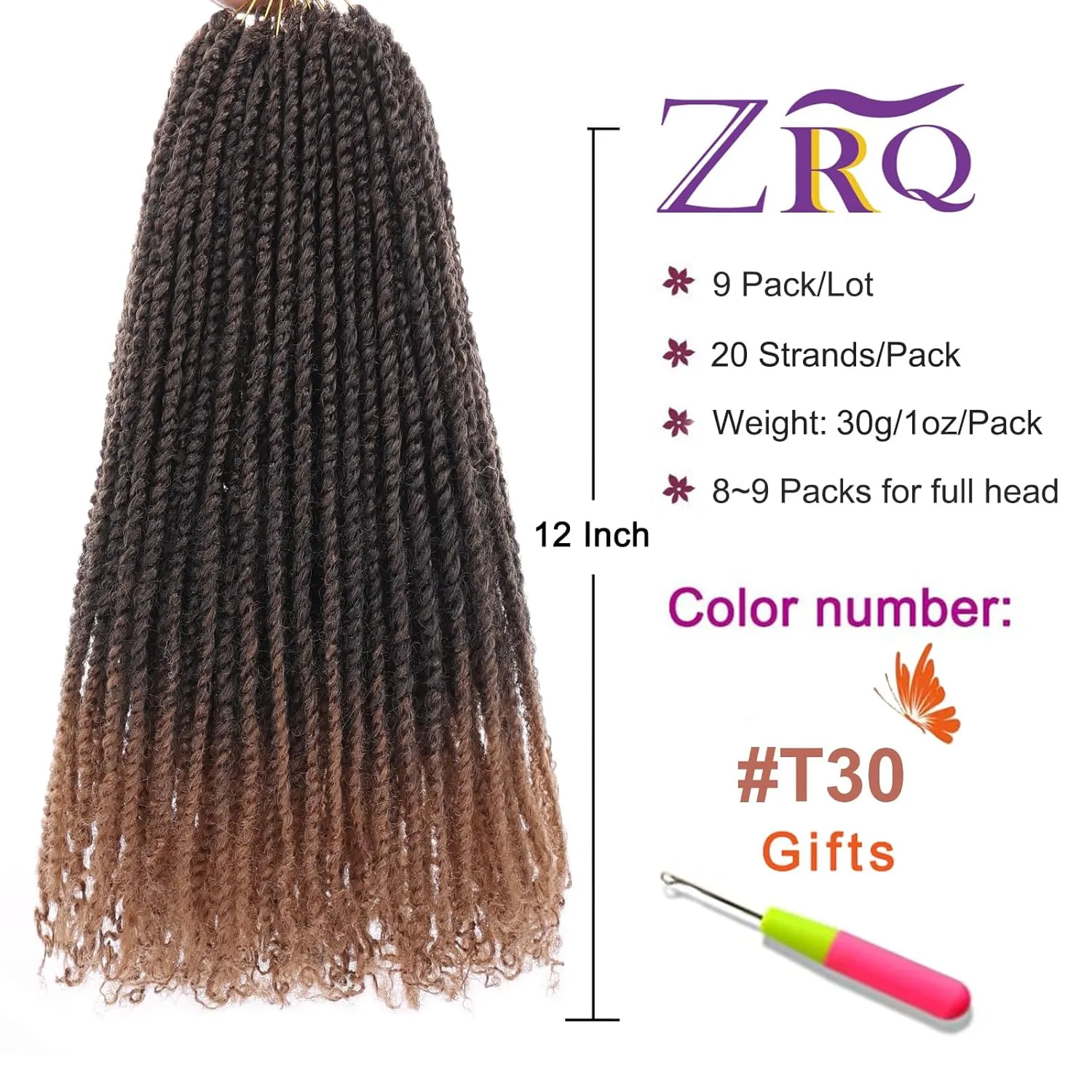 ZRQ 12 Inch Micro Twist Crochet Hair Bob Crochet Braids Ombre Brown Mini Pre-twisted Passion Twist Mini Senegalese Twist Crochet Hair Pre-looped Yanky Twist Hair Extensions(9 Packs,T30#)