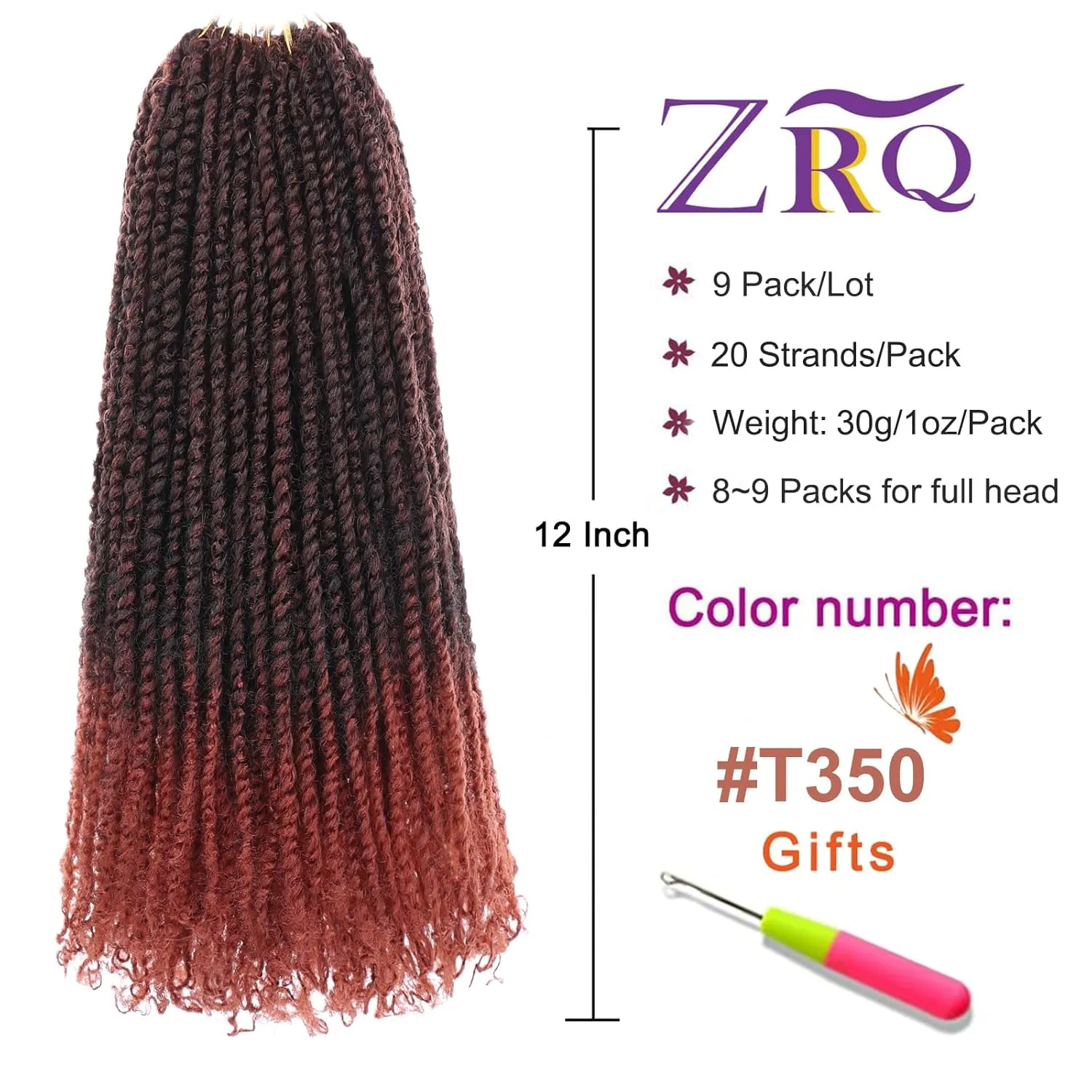 ZRQ 12 Inch Micro Twist Crochet Hair Bob Crochet Braids Ombre Red Mini Pre-twisted Passion Twist Mini Senegalese Twist Crochet Hair Pre-looped Yanky Twist Hair Extensions(9 Packs,T350#)