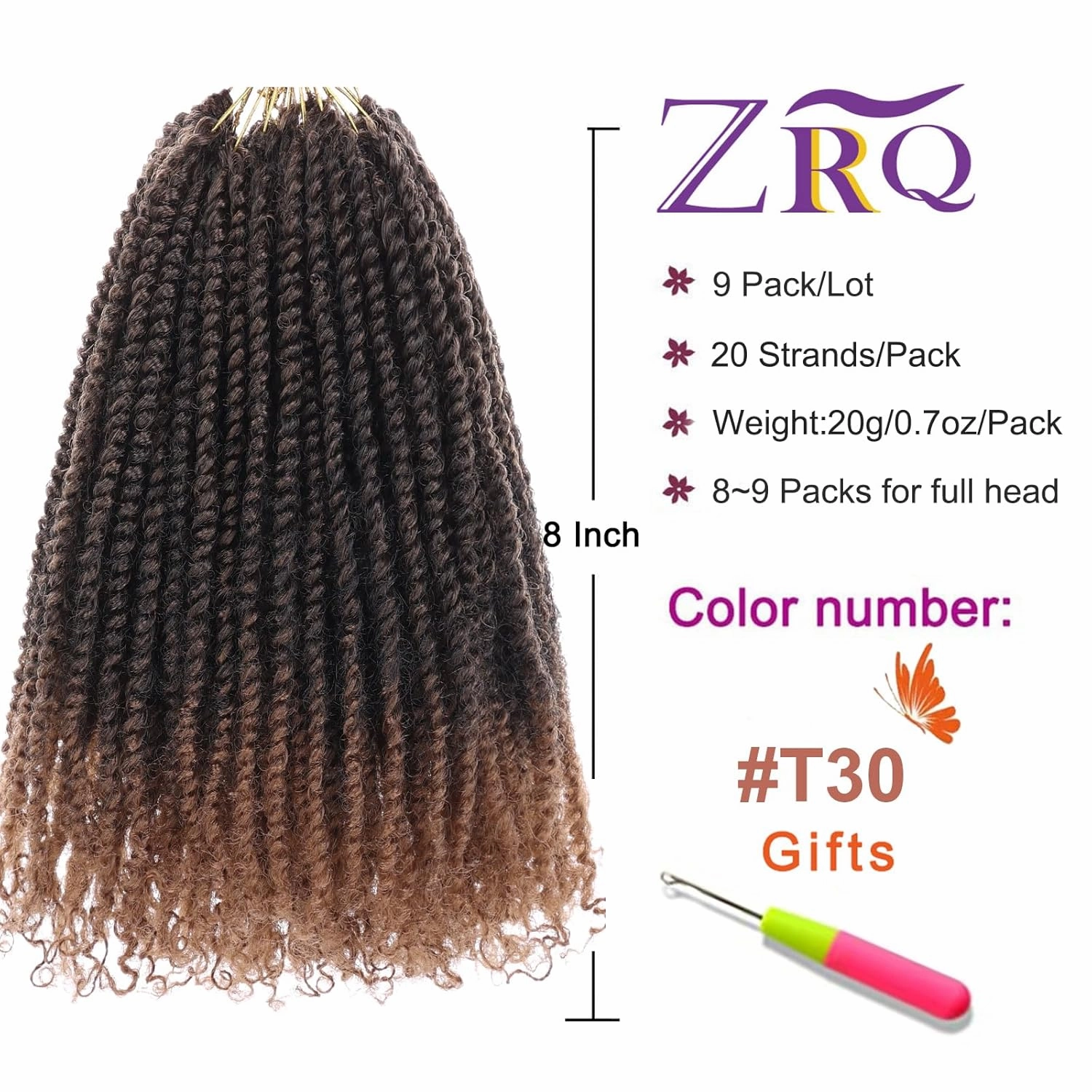 ZRQ 8 Inch Micro Twist Crochet Hair Bob Crochet Braids Ombre Brown Mini Pre-twisted Passion Twist Mini Senegalese Twist Crochet Hair Pre-looped Yanky Twist Hair Extensions(9 Packs,T30#)